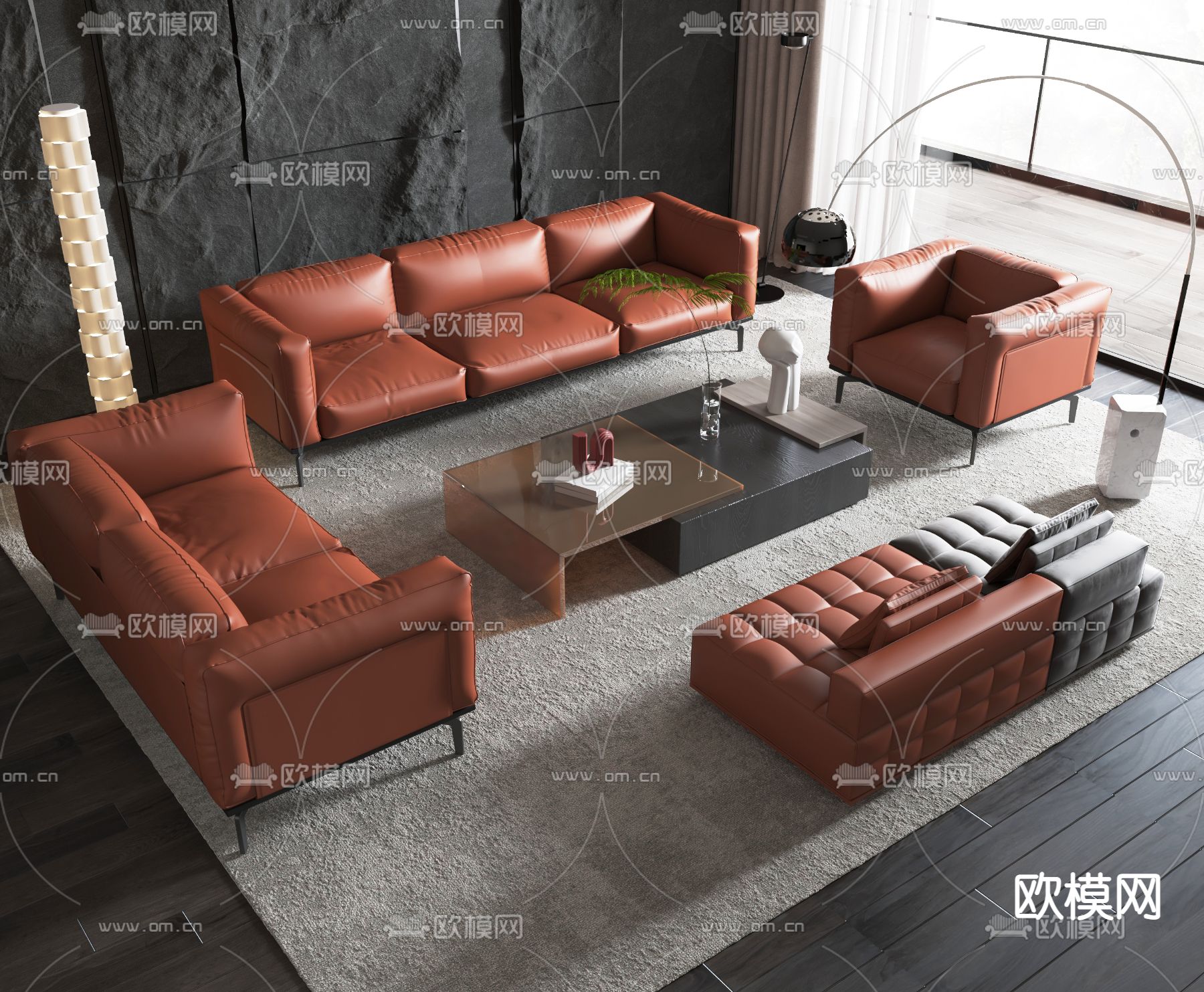 现代皮革沙发茶几组合u模型下载（渲染图1）
