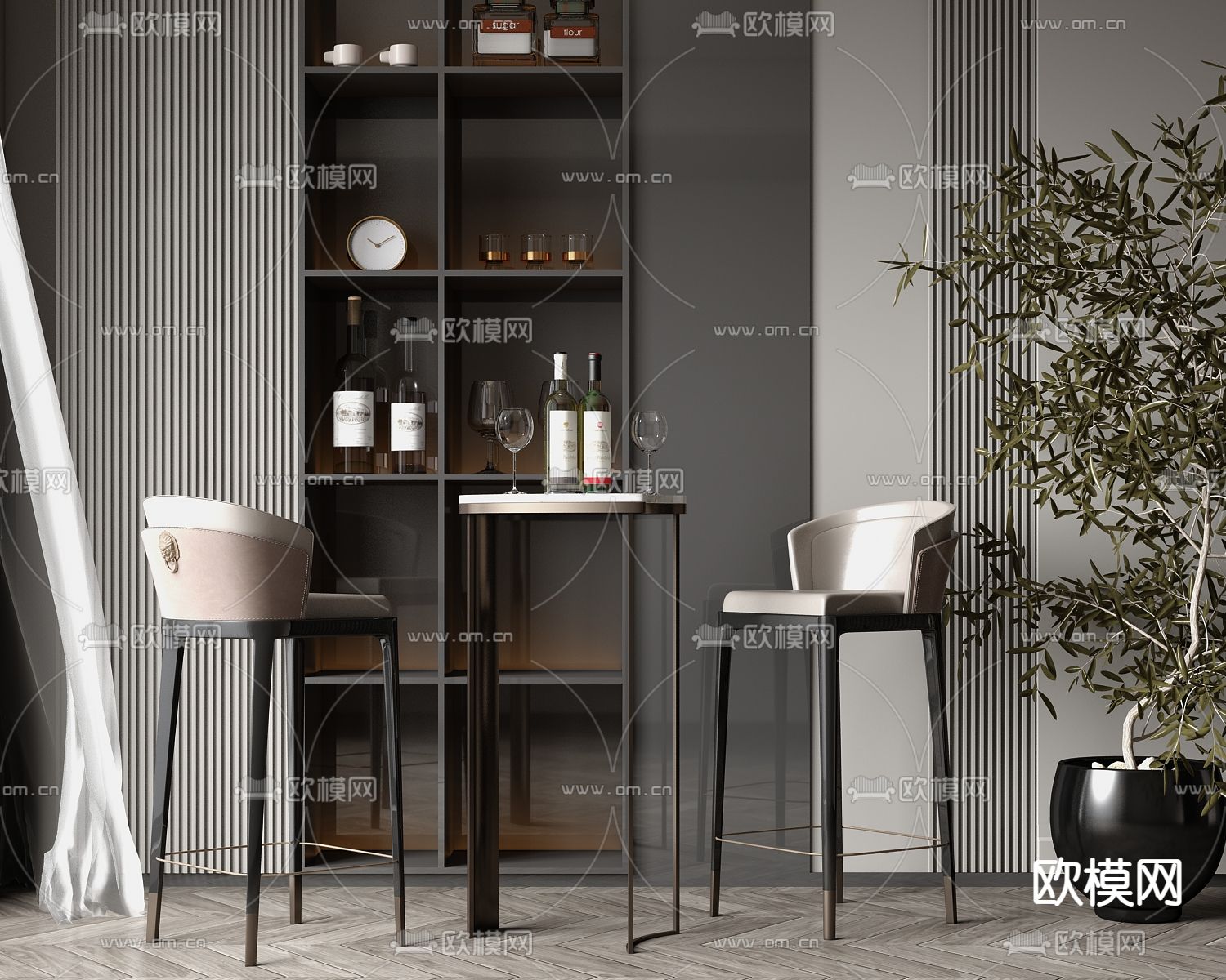 现代吧台吧椅su模型下载（渲染图1）