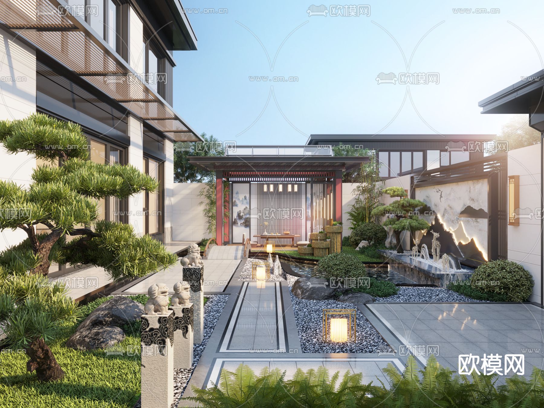 新中式阳台庭院 花园景观3d模型下载_ID12224010_3dmax免费模型-欧模网