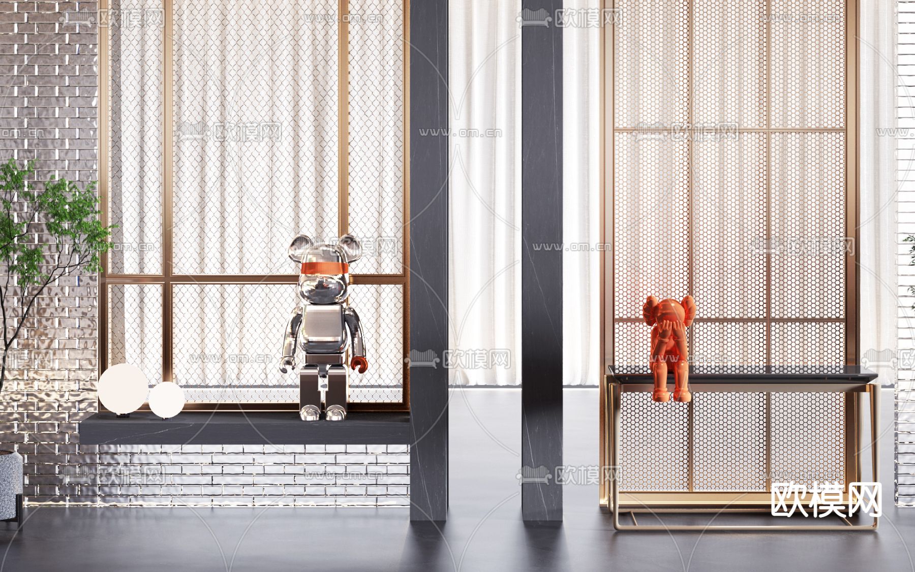 轻奢网格屏风 隔断3d模型下载（渲染图2）