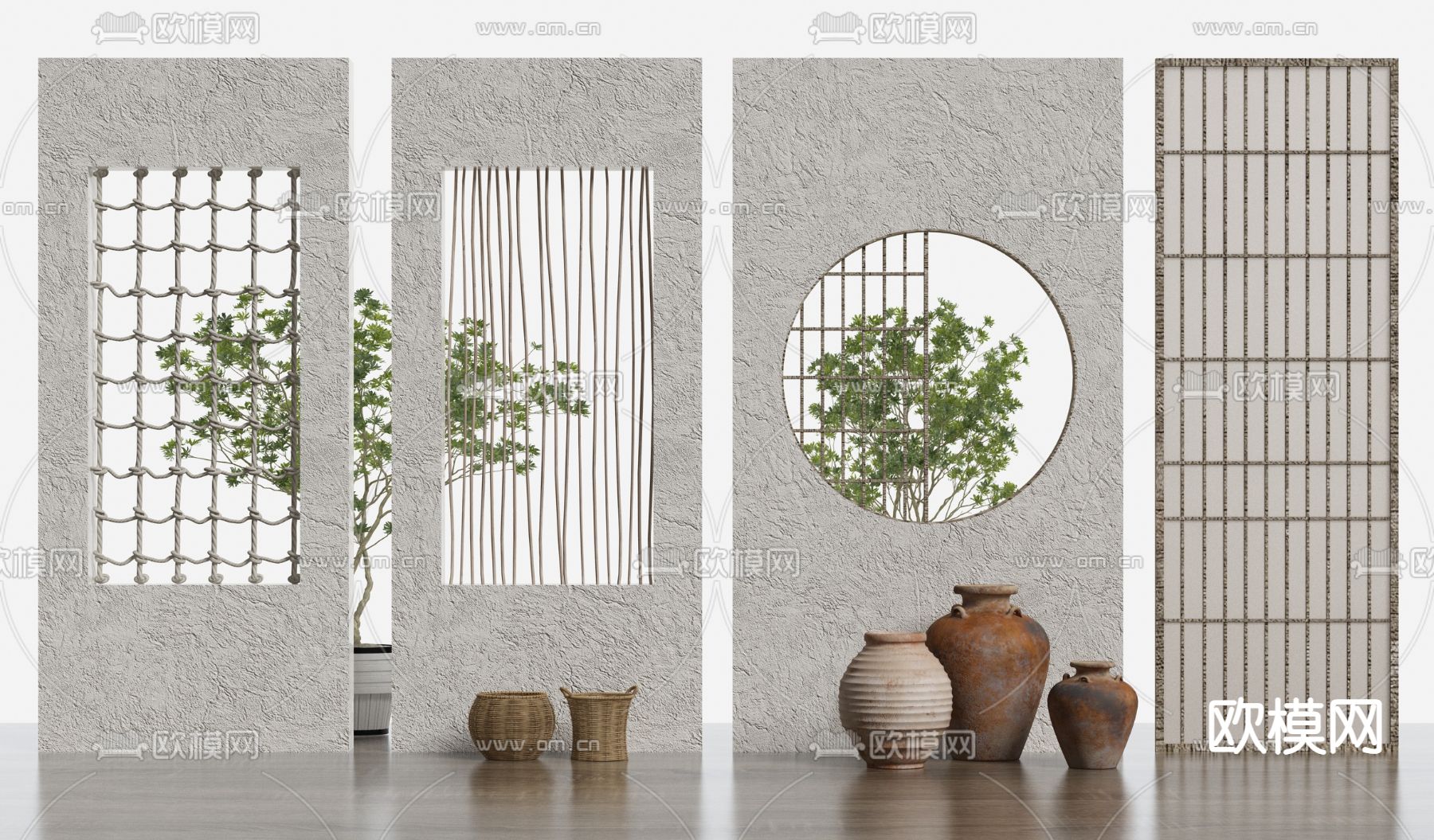 侘寂风镂空屏风 隔断3d模型下载