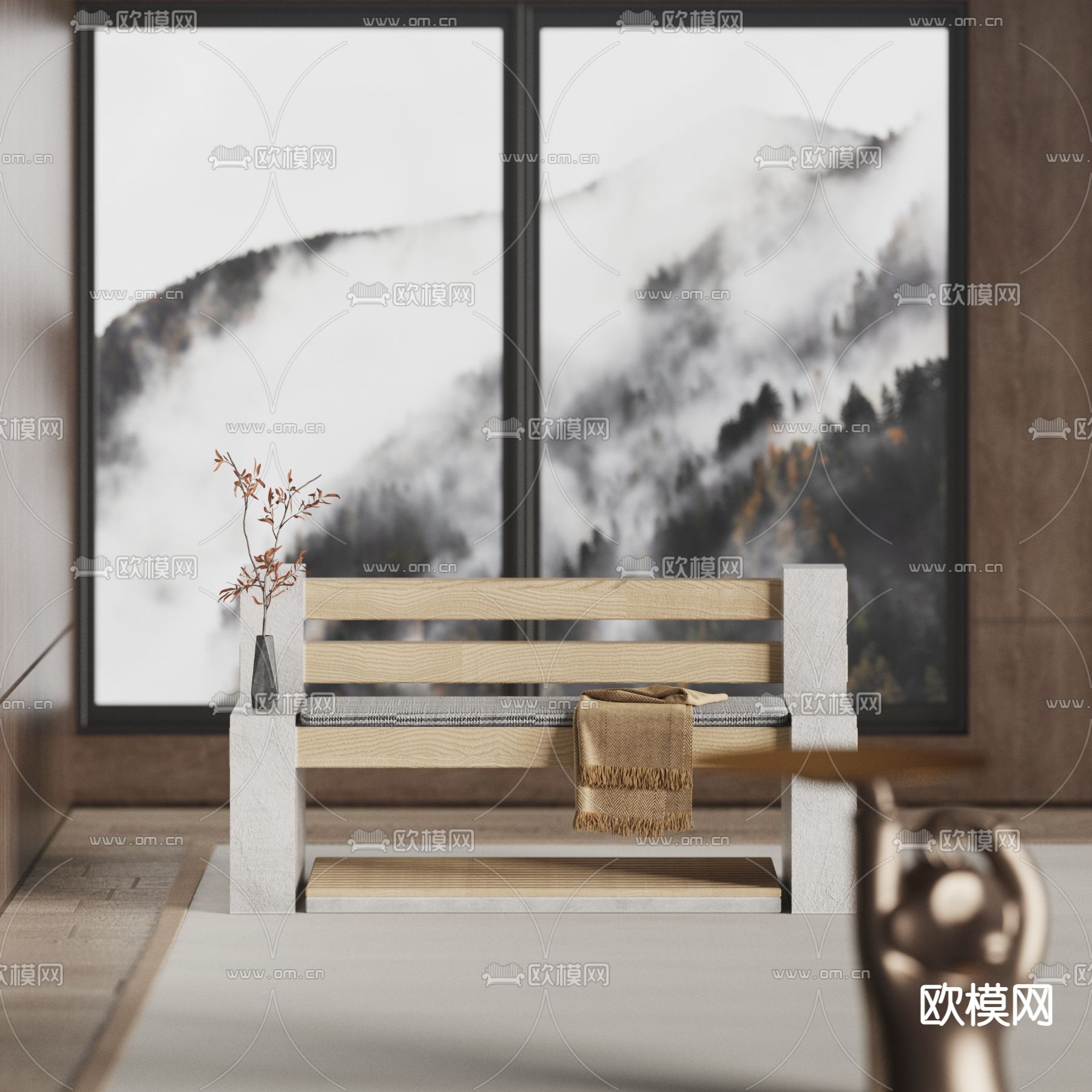 侘寂风长椅su模型下载（渲染图1）