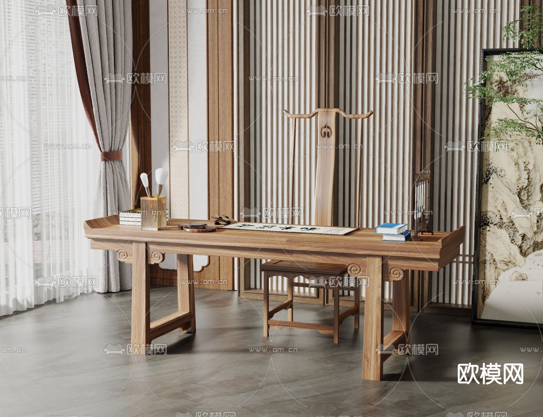 中式书桌椅 写字台3d模型下载_ID10002358_3dmax免费模型-欧模网