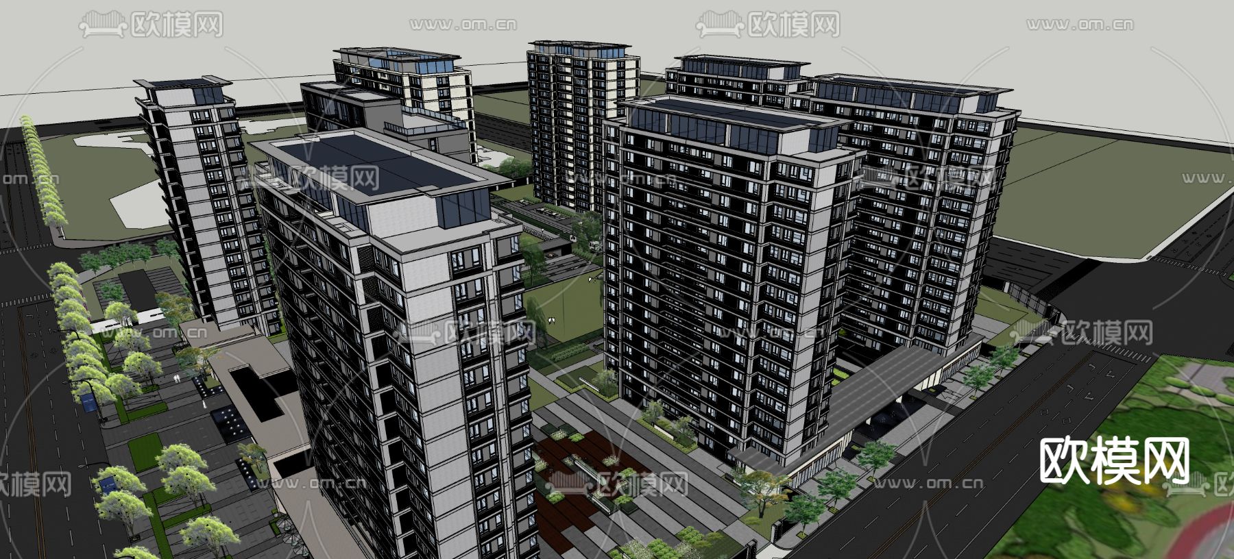 现代住宅小区外观su模型