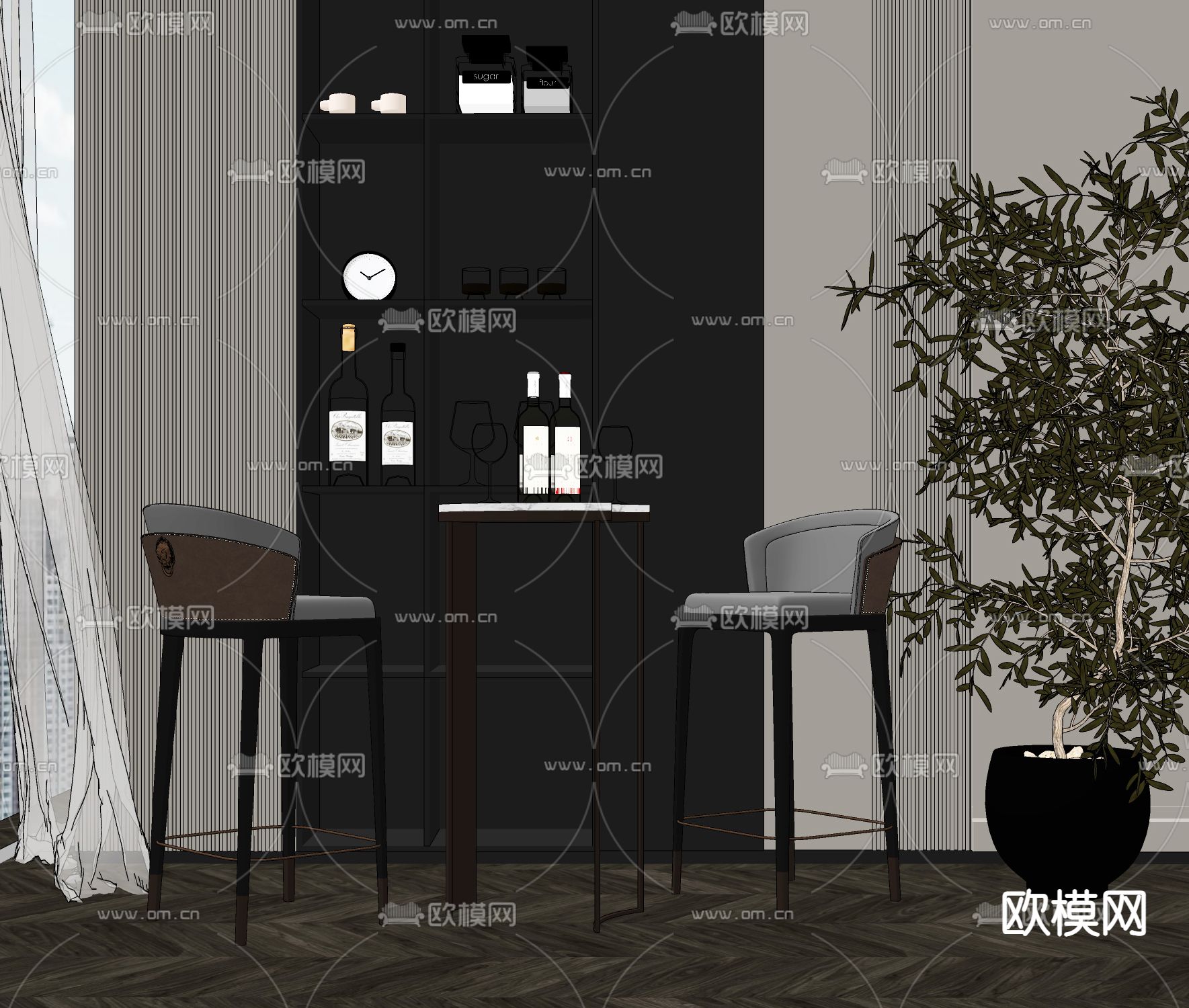 现代吧台吧椅su模型下载（渲染图2）