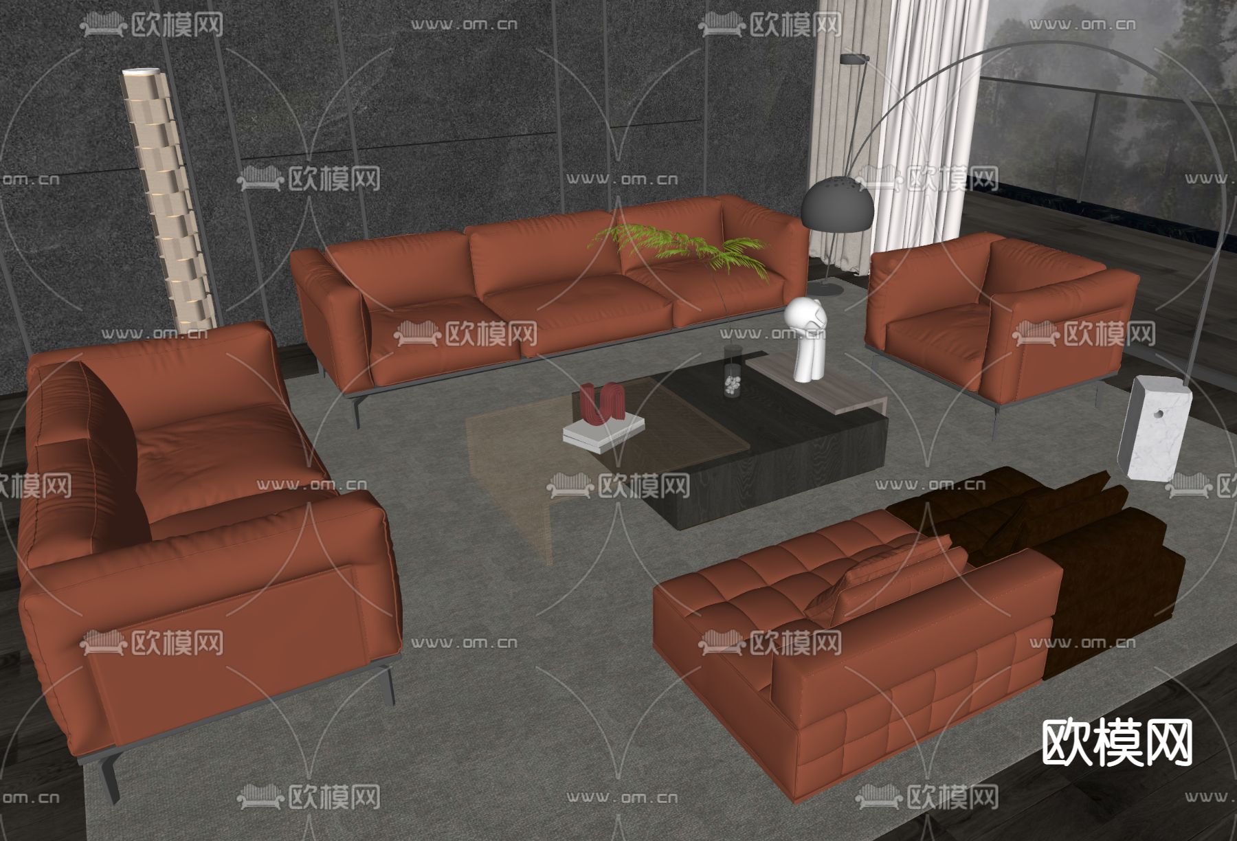 现代皮革沙发茶几组合u模型下载（渲染图2）