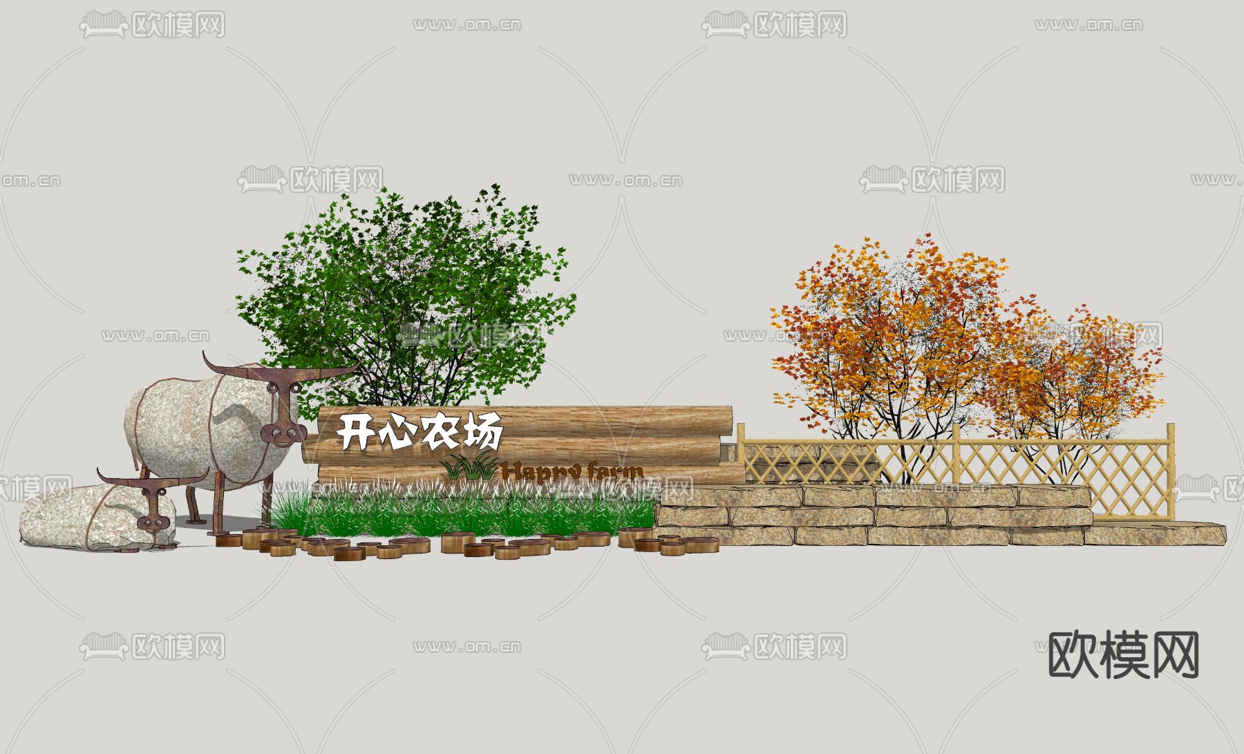 农家乐 乡村民俗景墙su模型下载