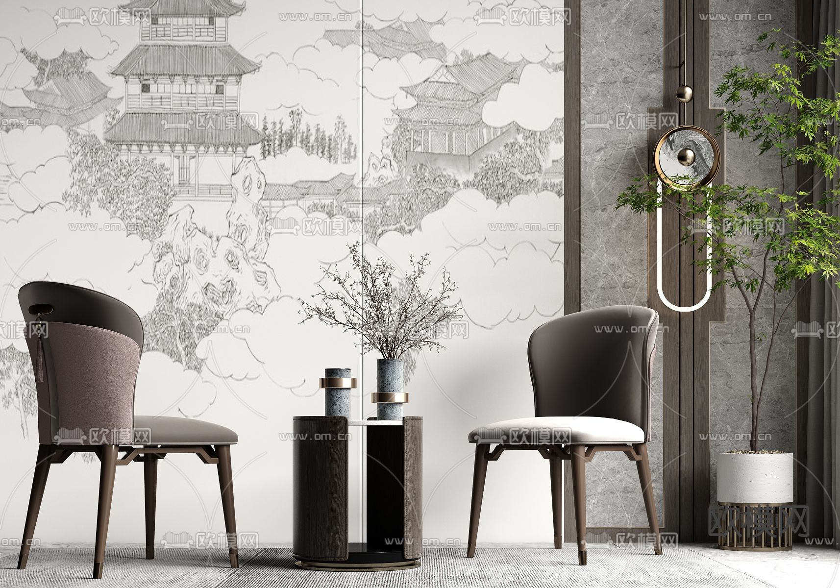 新中式休闲椅子su模型下载（渲染图1）