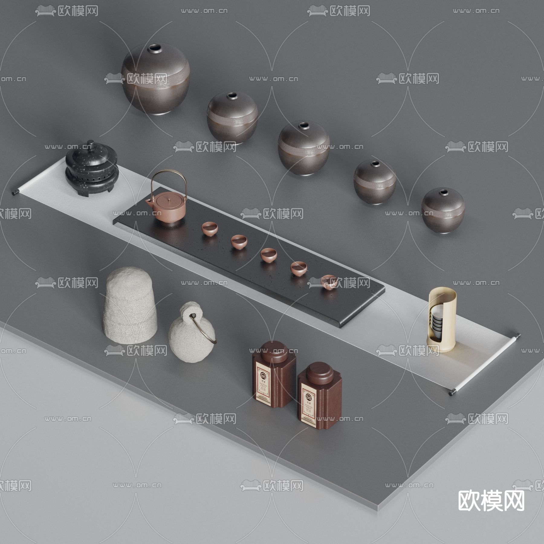新中式茶壶 茶杯 茶罐茶叶 陶罐su模型下载（渲染图1）