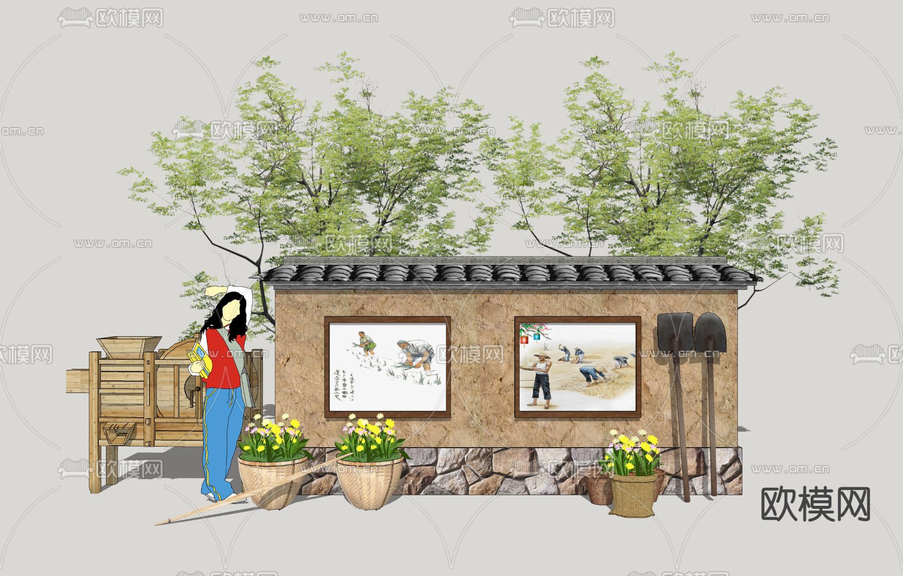 自然风 民俗文化墙小品su模型下载