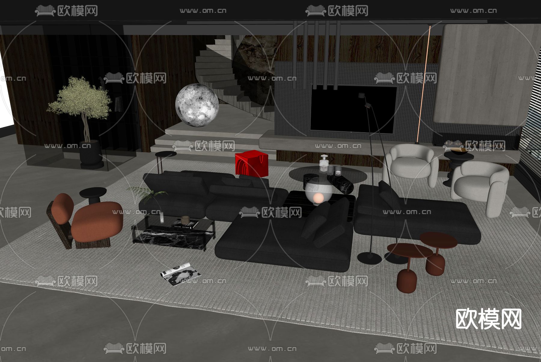 暗黑风沙发茶几组合su模型下载（渲染图2）