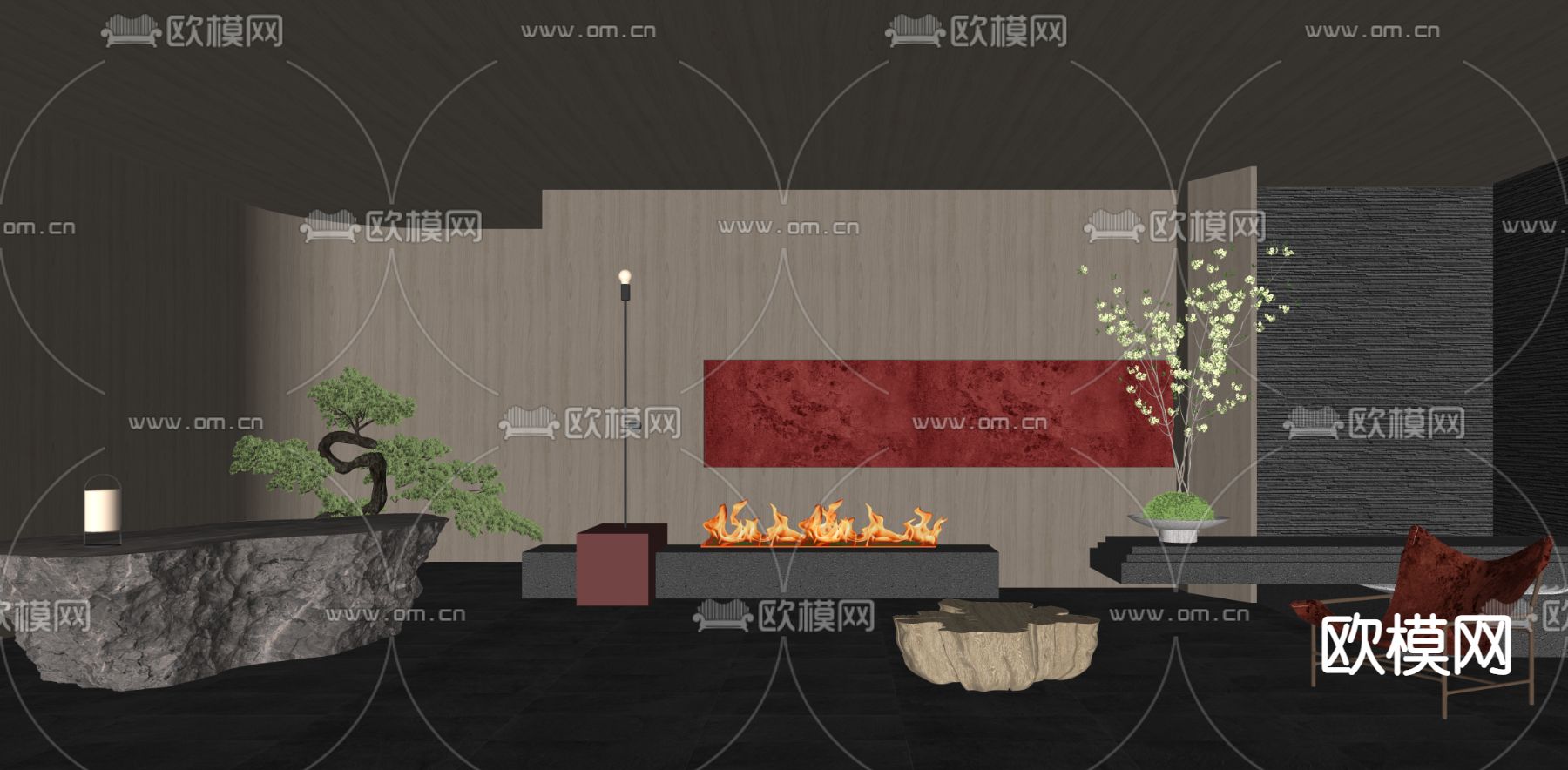暗黑风民宿前台 接待处su模型下载（渲染图2）