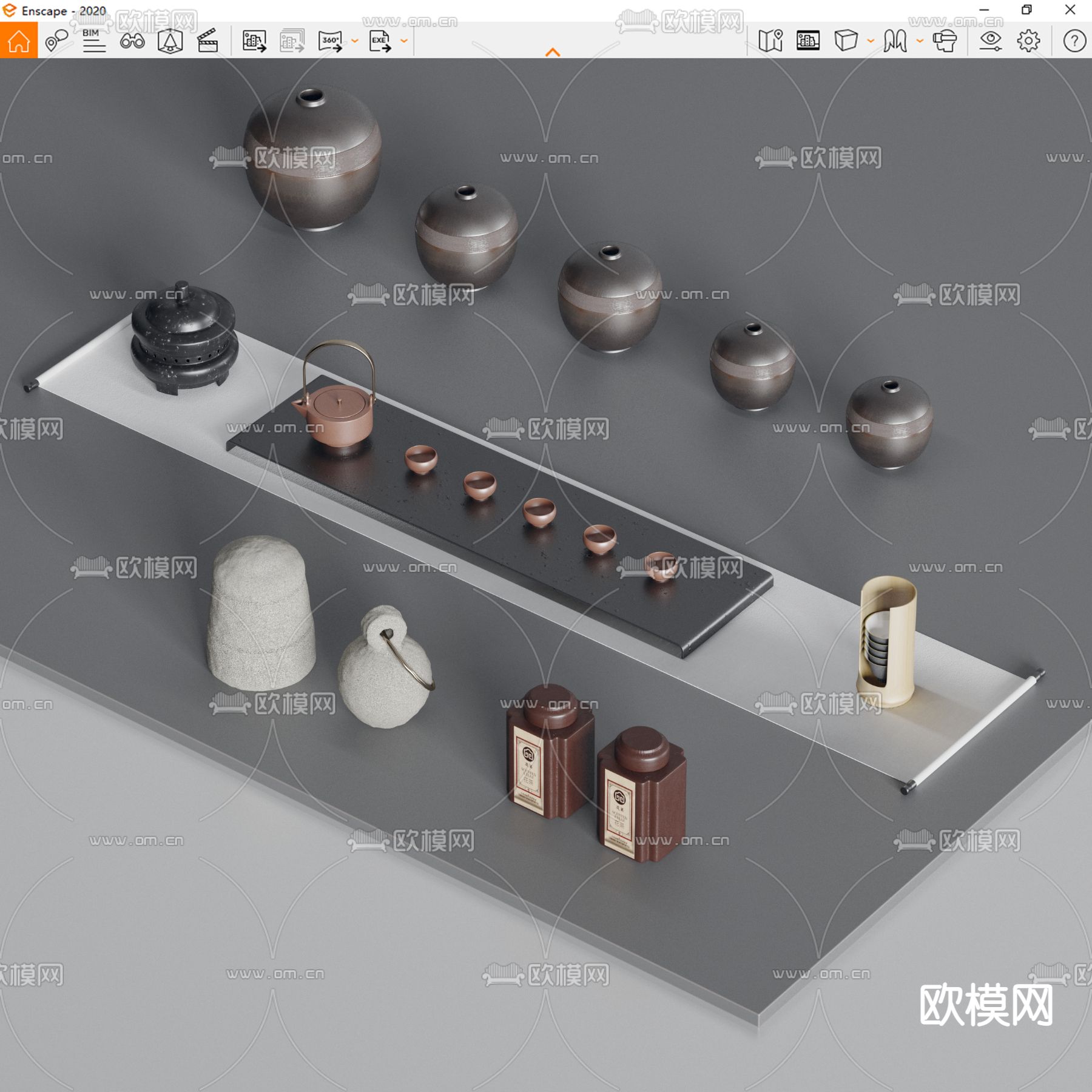 新中式茶壶 茶杯 茶罐茶叶 陶罐su模型下载（渲染图3）