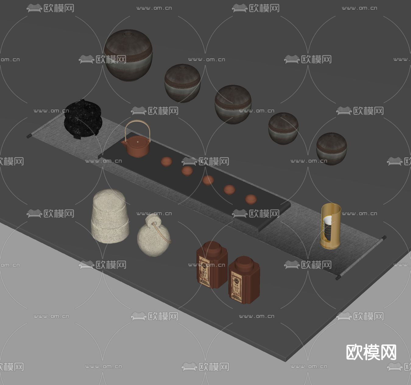新中式茶壶 茶杯 茶罐茶叶 陶罐su模型下载（渲染图2）