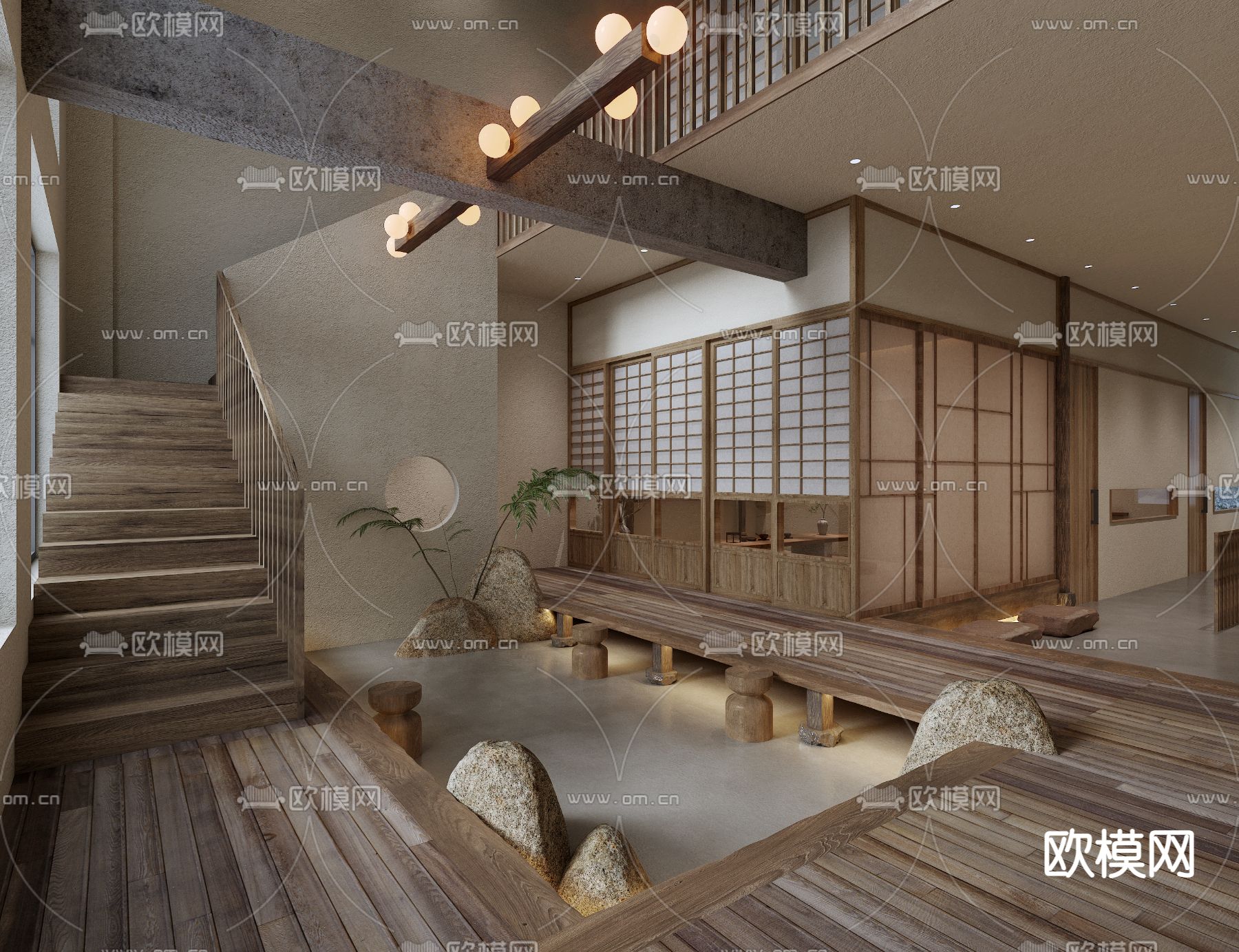 侘寂风茶楼 茶室3d模型下载（渲染图1）