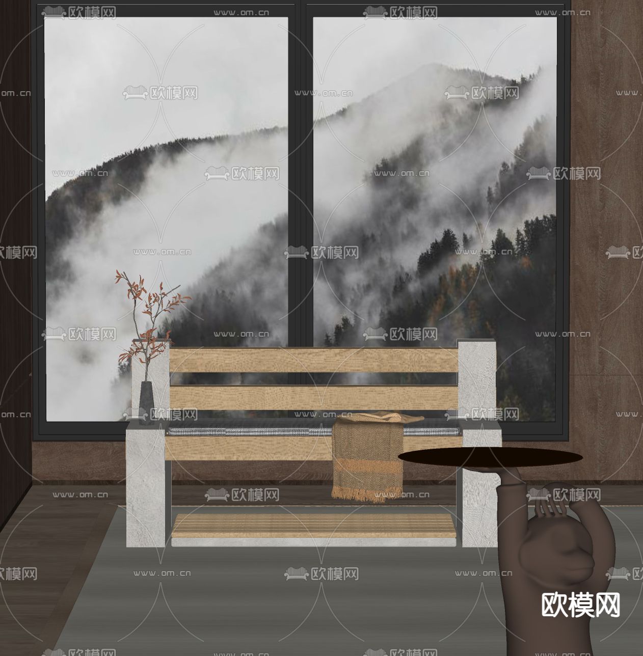 侘寂风长椅su模型下载（渲染图2）