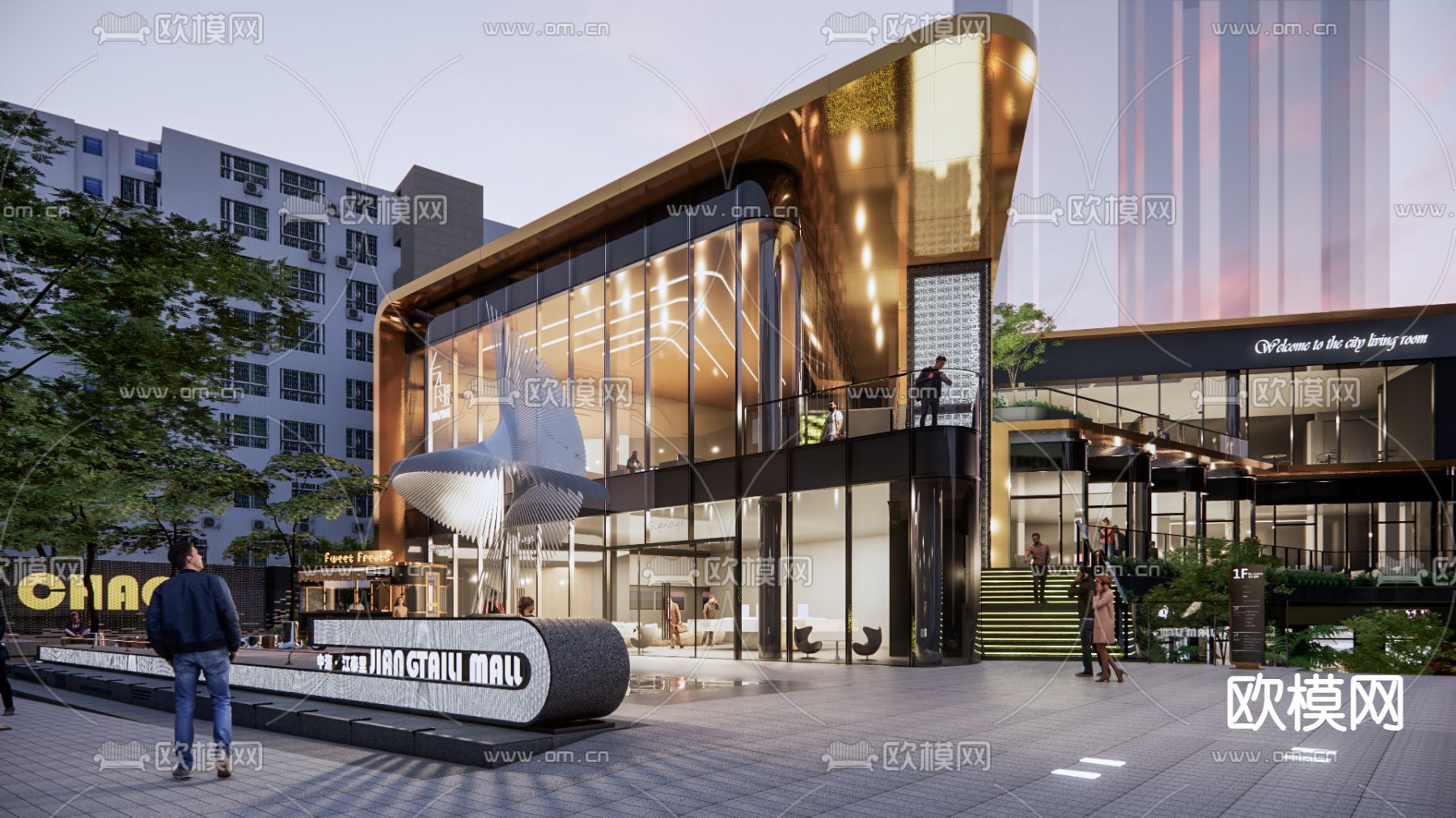 轻奢网红商业示范区su模型下载（渲染图1）