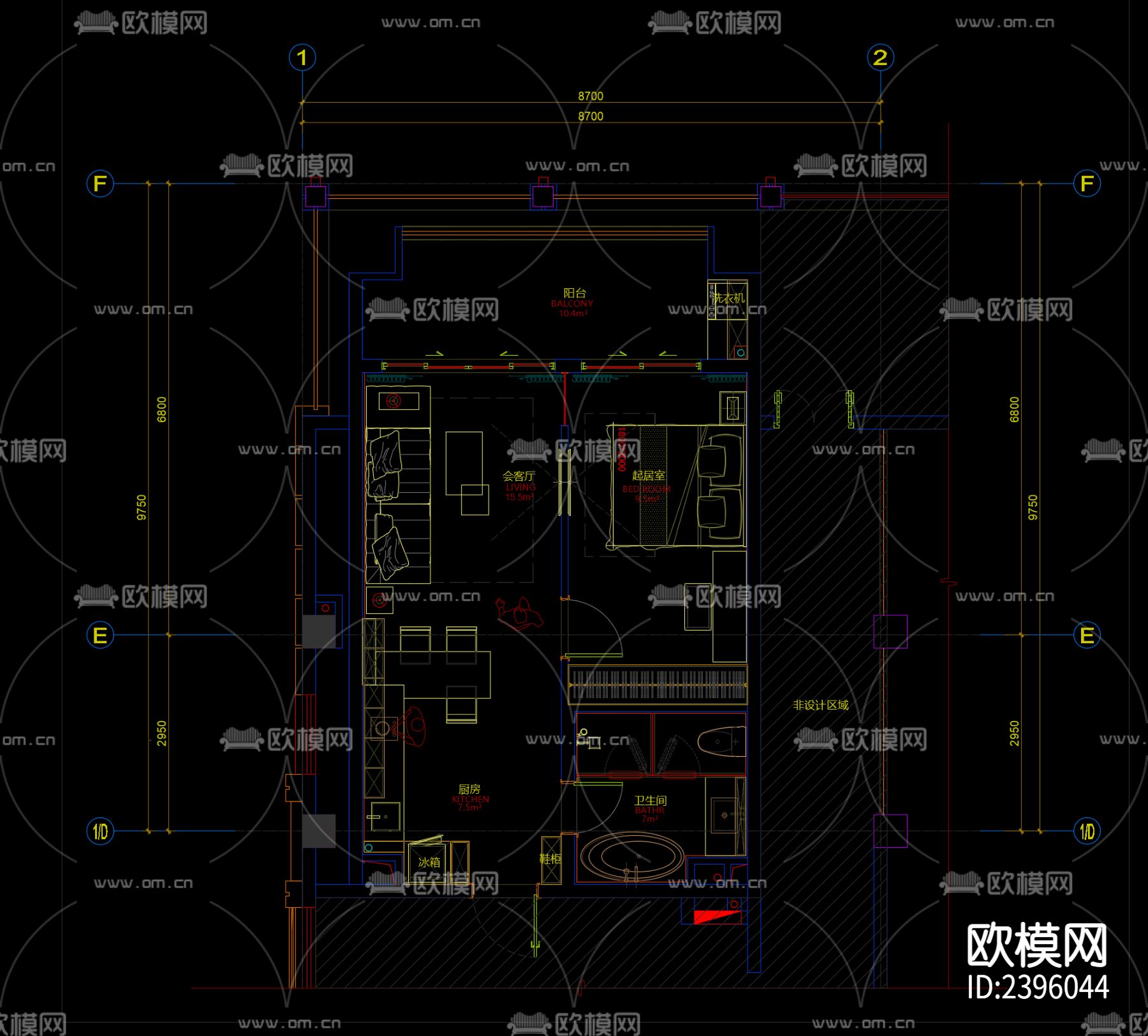 现代公寓样板设计cad施工图下载（渲染图1）