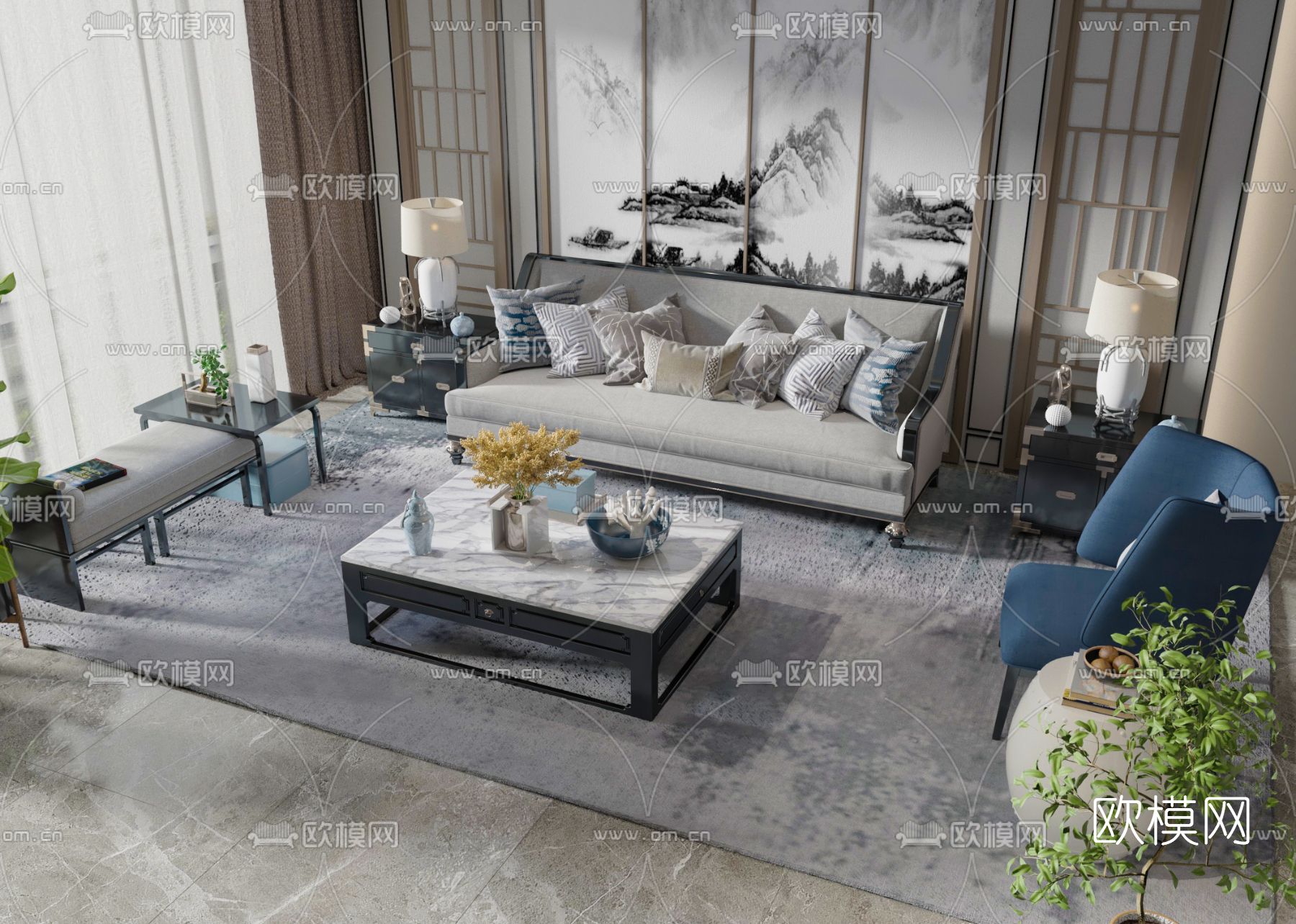 新中式组合沙发3d模型下载