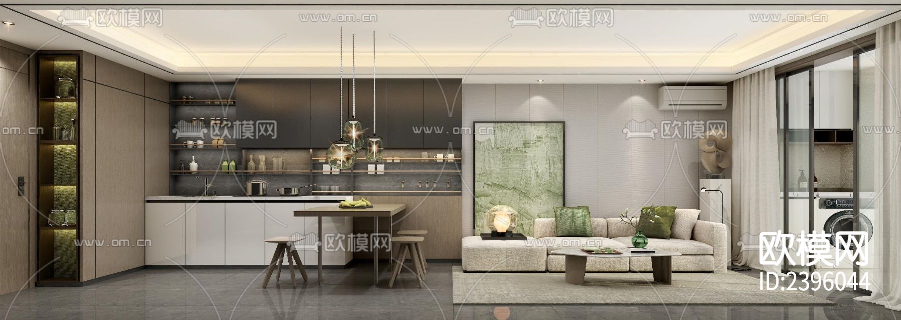 现代公寓样板设计cad施工图下载（渲染图3）