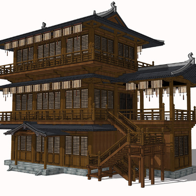  中式古建楼阁su模型 