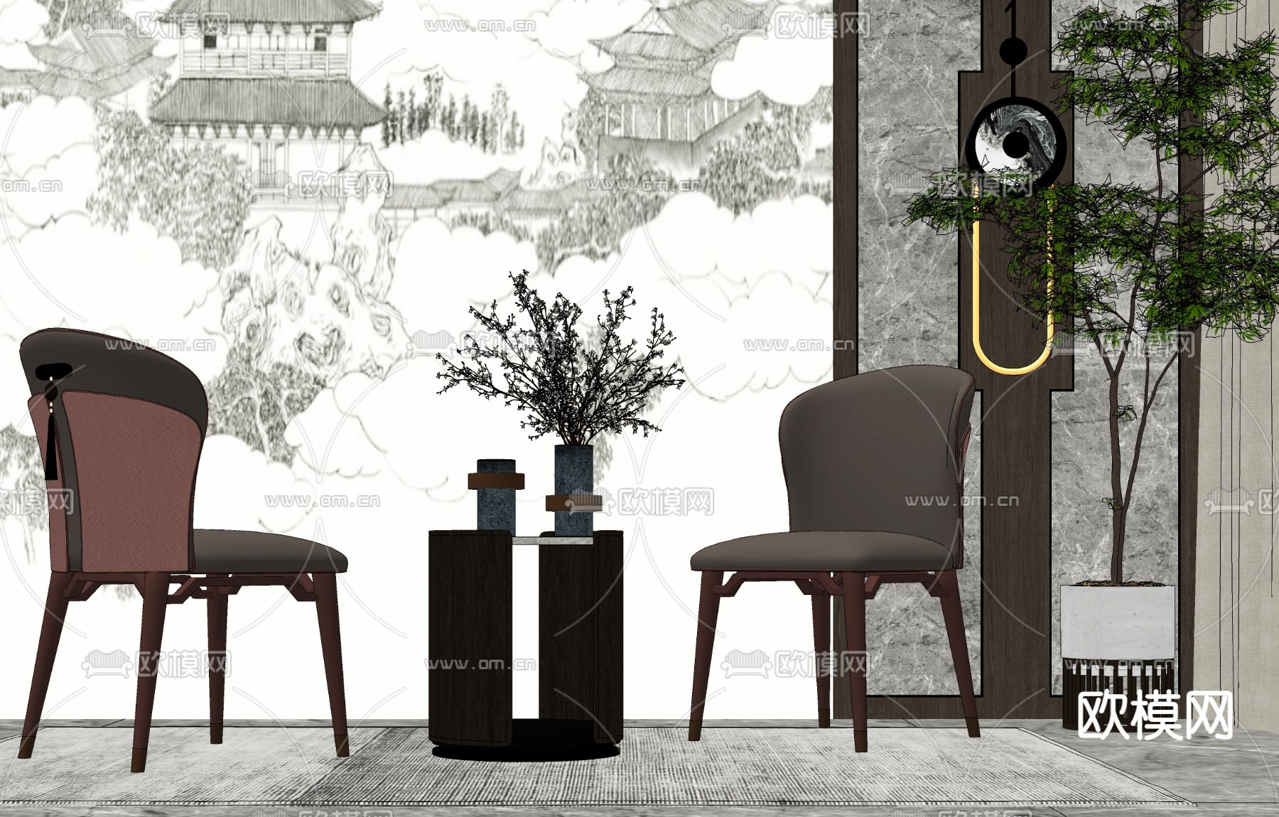 新中式休闲椅子su模型下载（渲染图2）