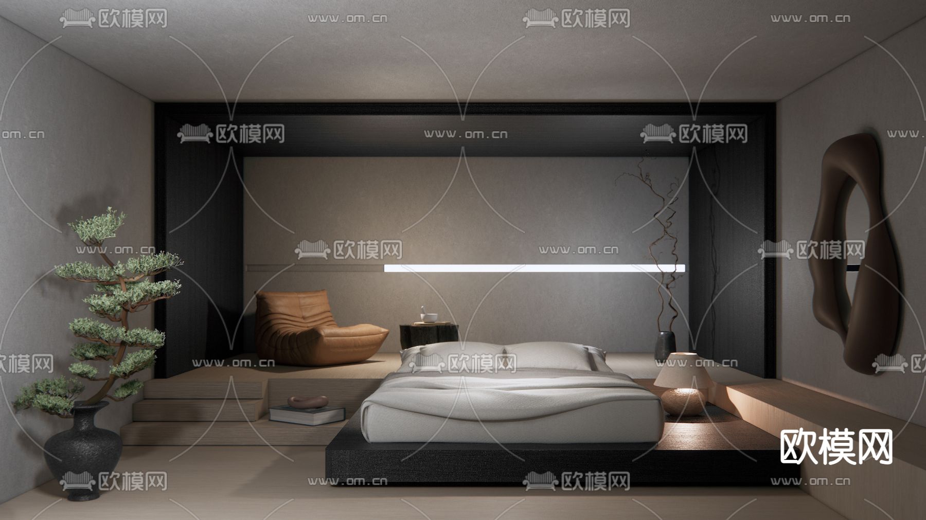 暗黑风酒店客房 大床房su模型下载（渲染图1）