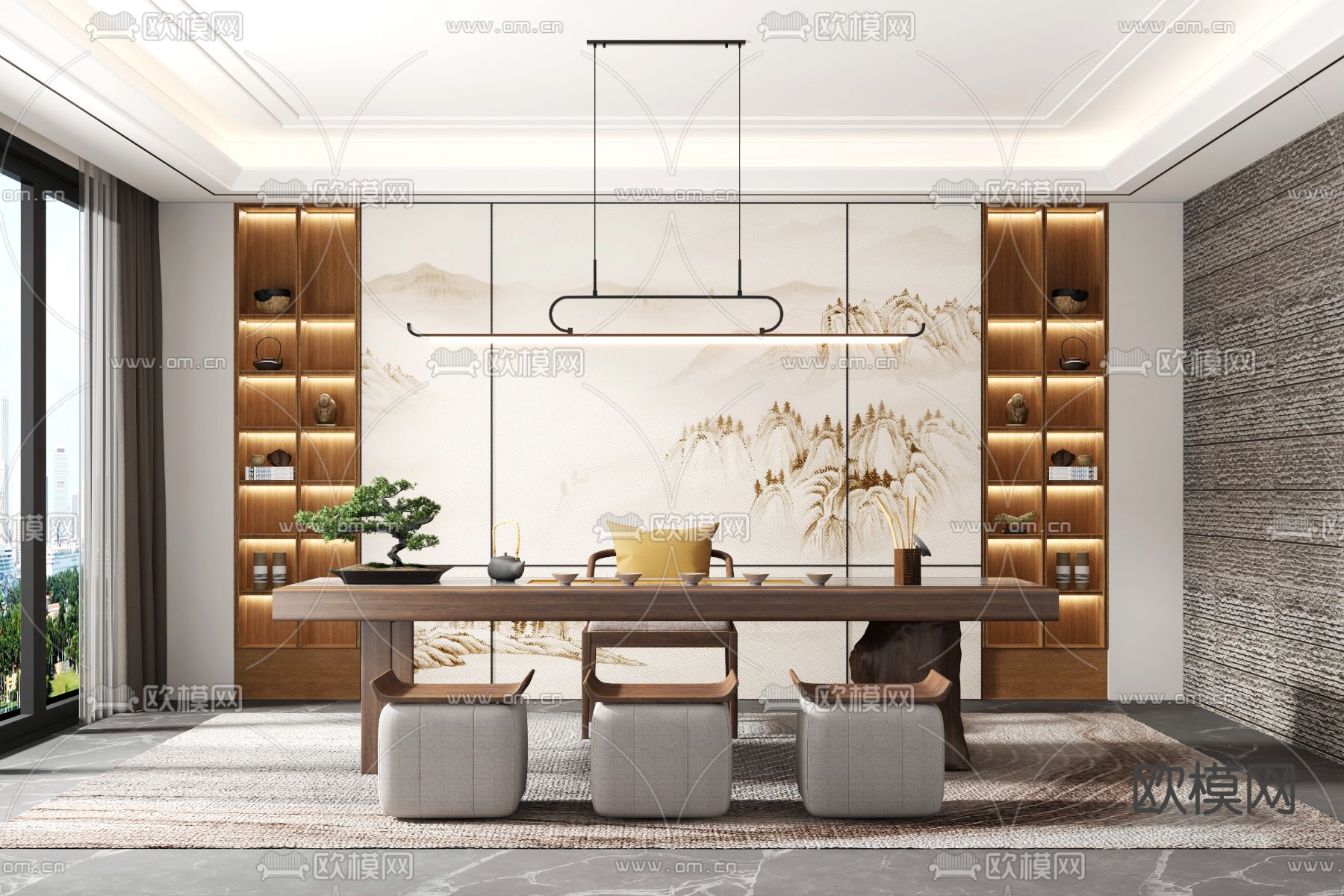 新中式茶室3d模型下载_ID12225336_3dmax免费模型-欧模网