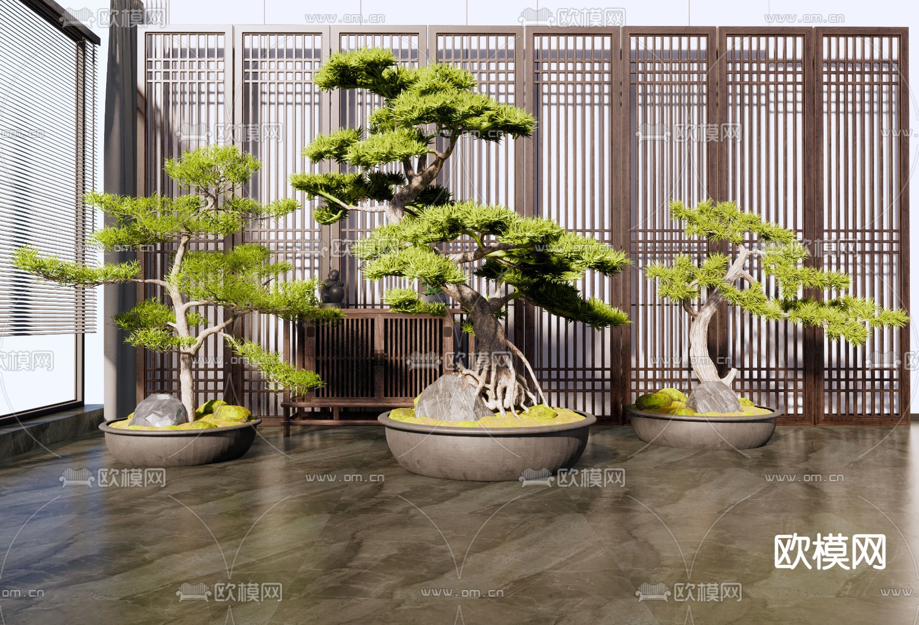 新中式松树盆栽 盆景su模型