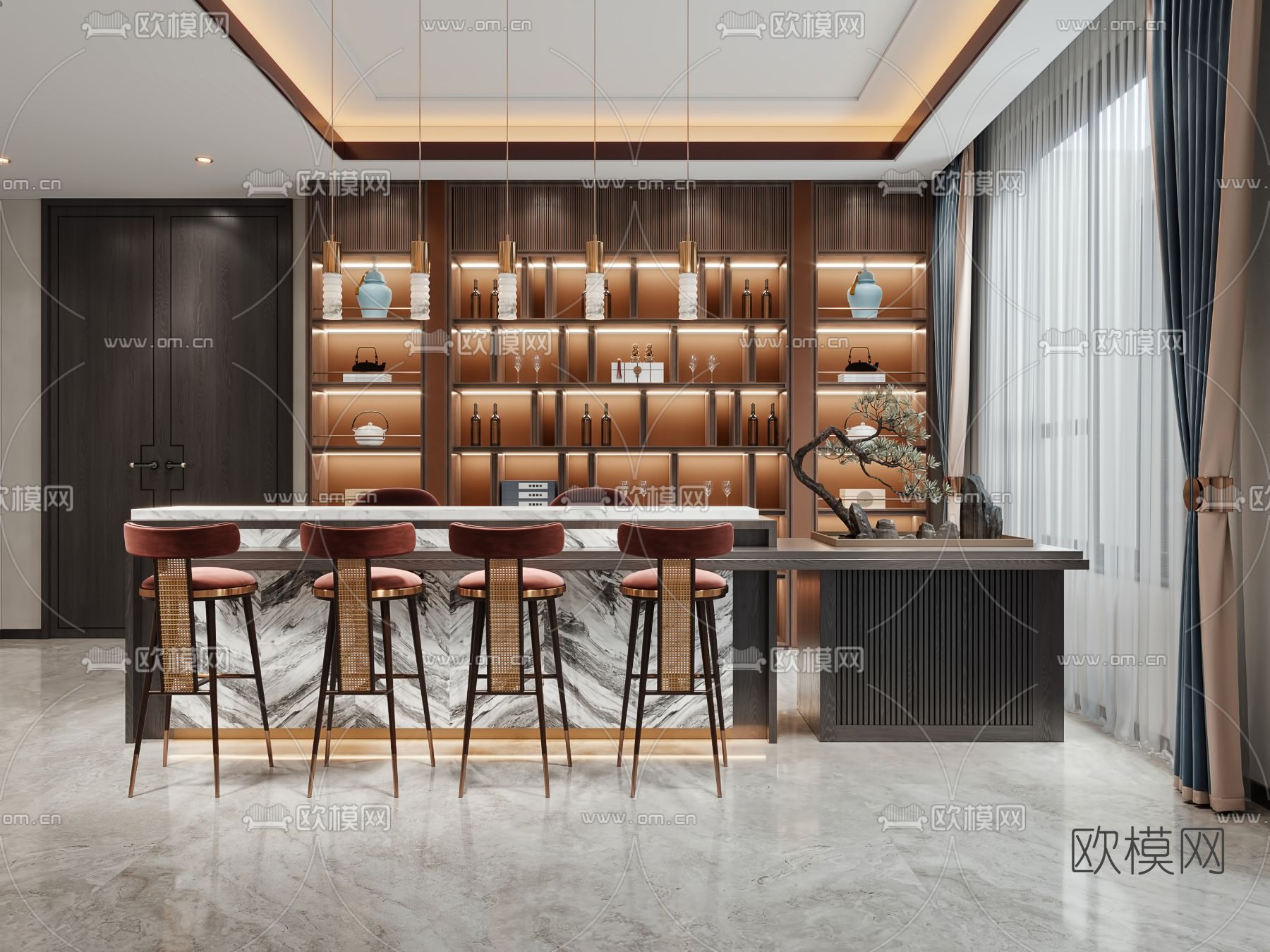 新中式吧台3d模型下载（渲染图2）