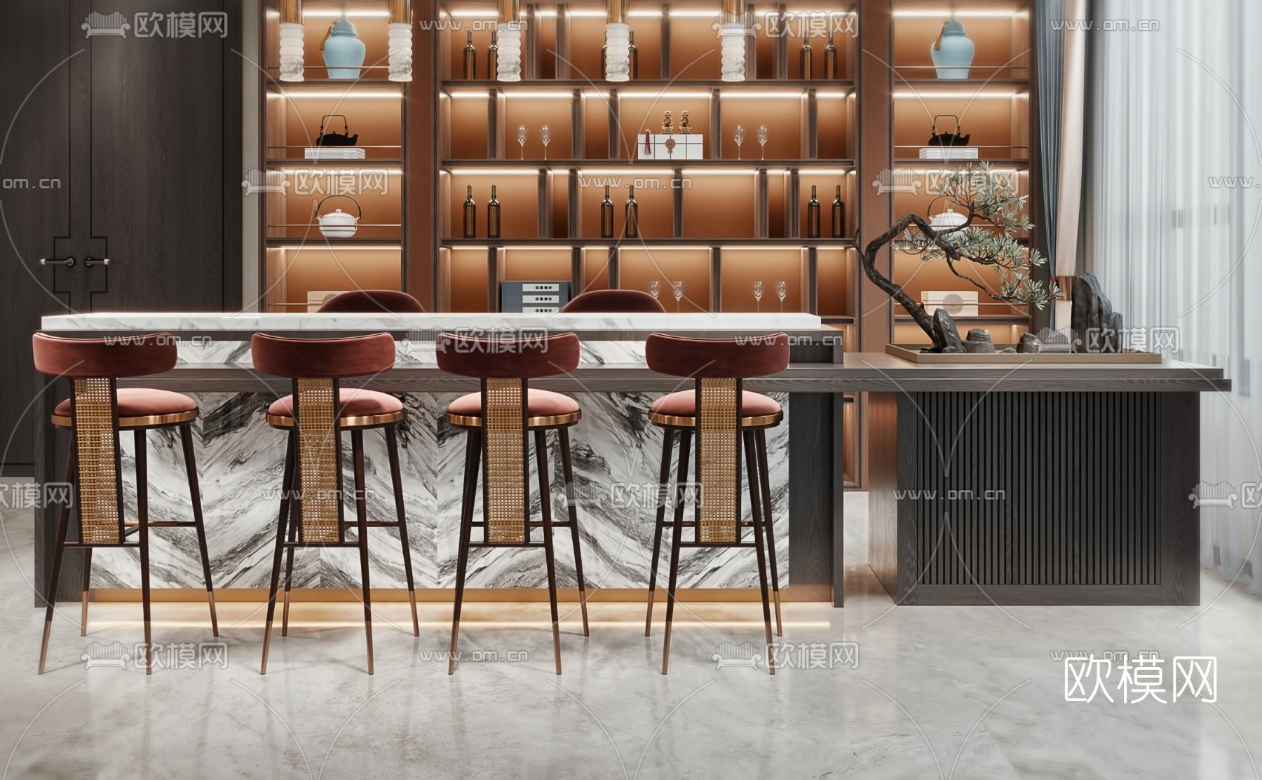 新中式吧台3d模型下载（渲染图3）