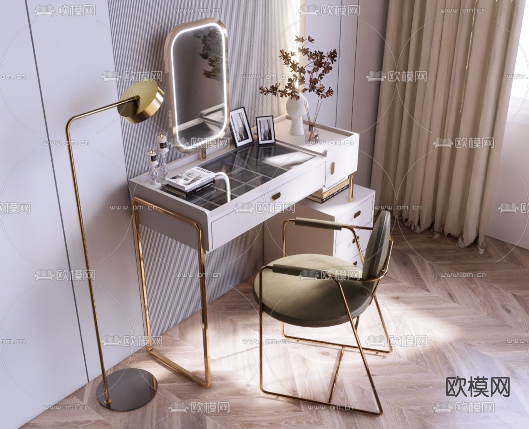 轻奢梳妆台 化妆台su模型下载（渲染图1）