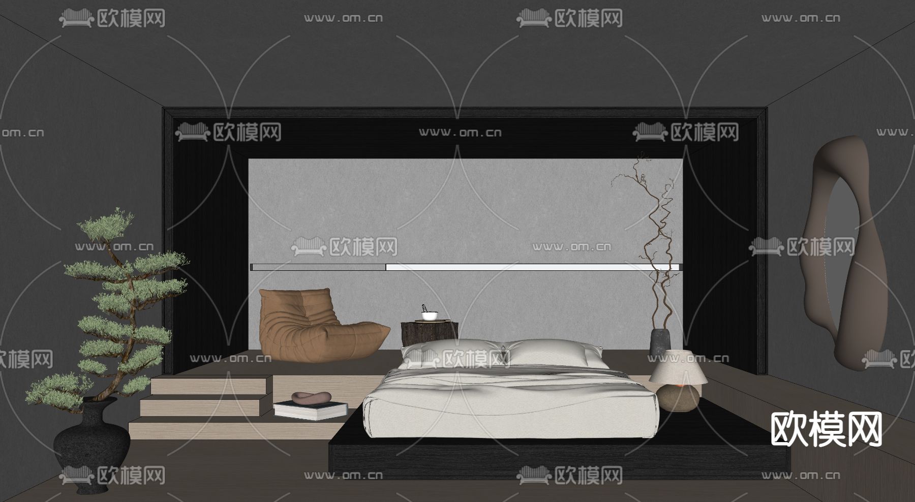 暗黑风酒店客房 大床房su模型下载（渲染图2）