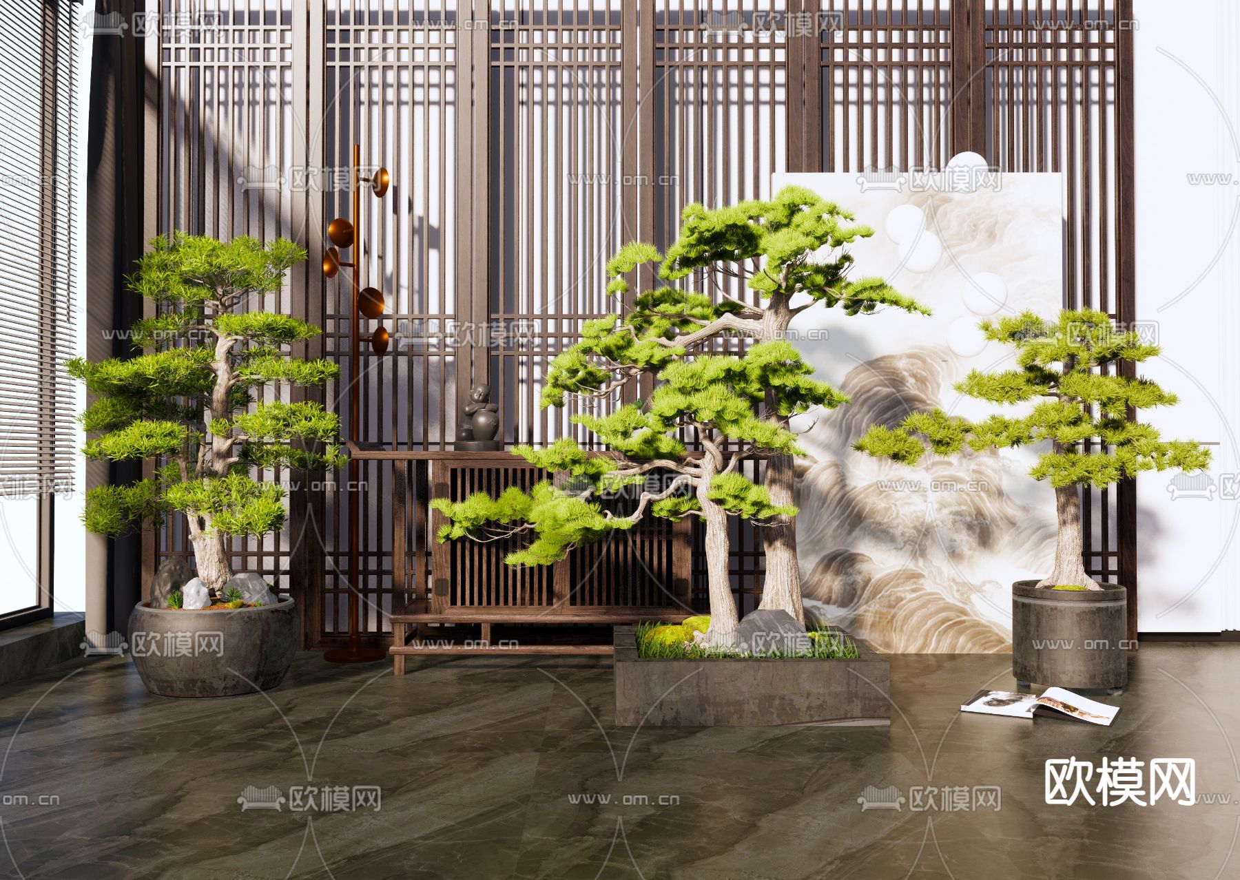 新中式松树盆栽 盆景su模型