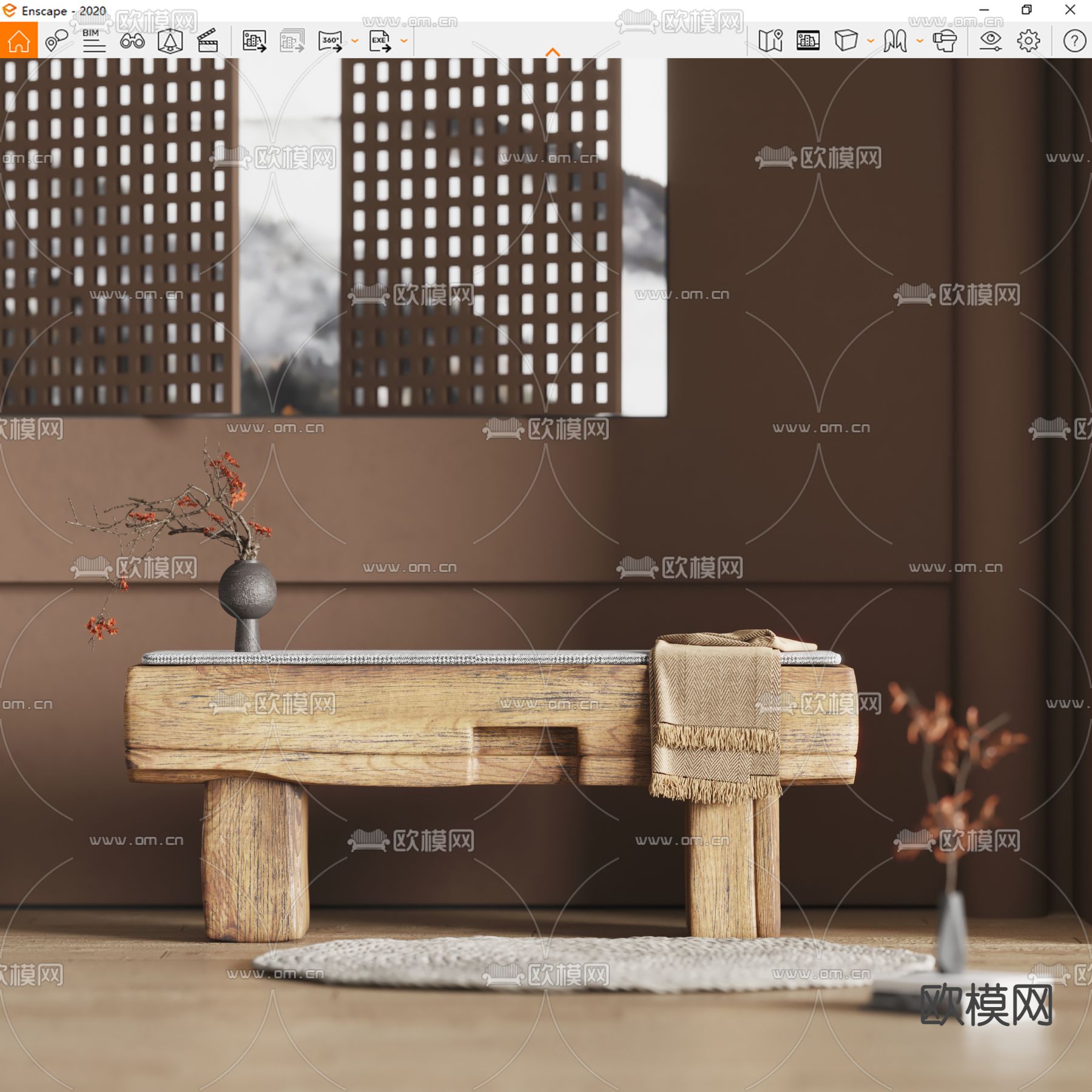 侘寂风床尾凳 脚踏su模型下载（渲染图3）