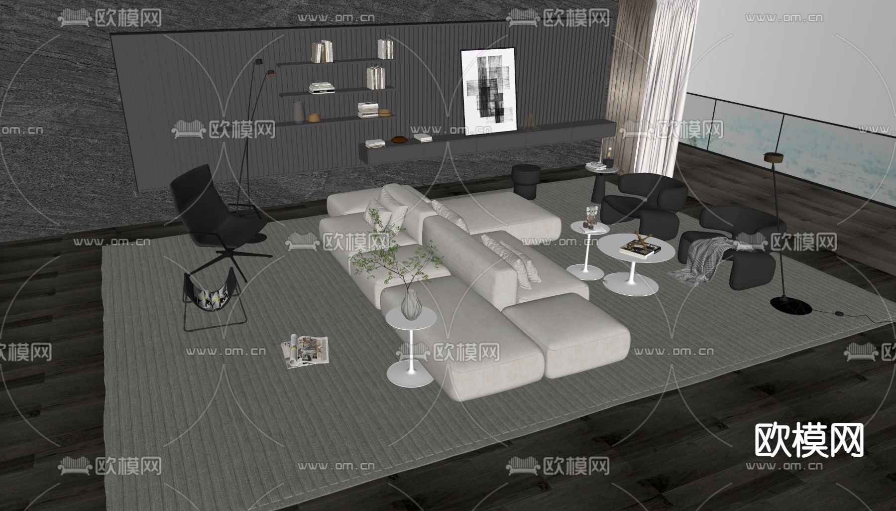 暗黑风组合沙发su模型下载（渲染图2）