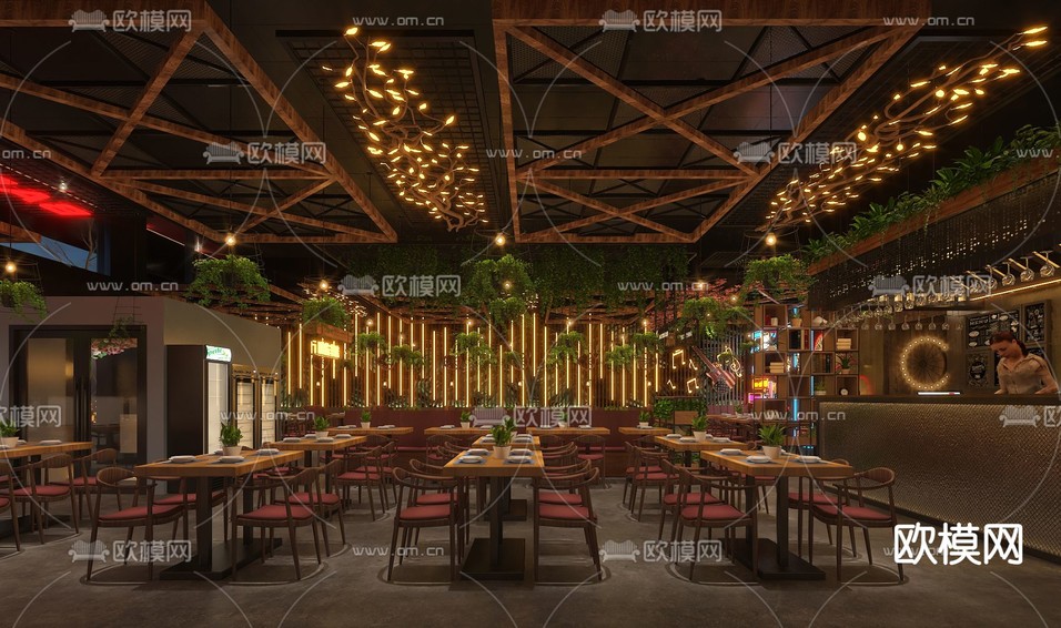 工业风网红烧烤店3d模型下载(渲染图3)