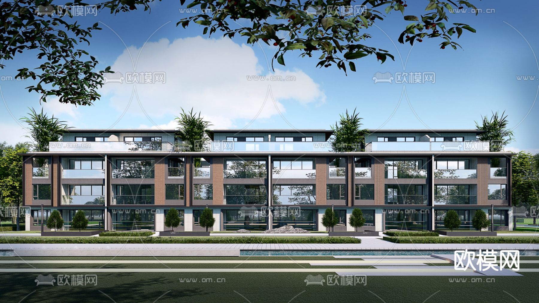 现代联排别墅外观su模型下载_ID12220161_sketchup模型下载-欧模网