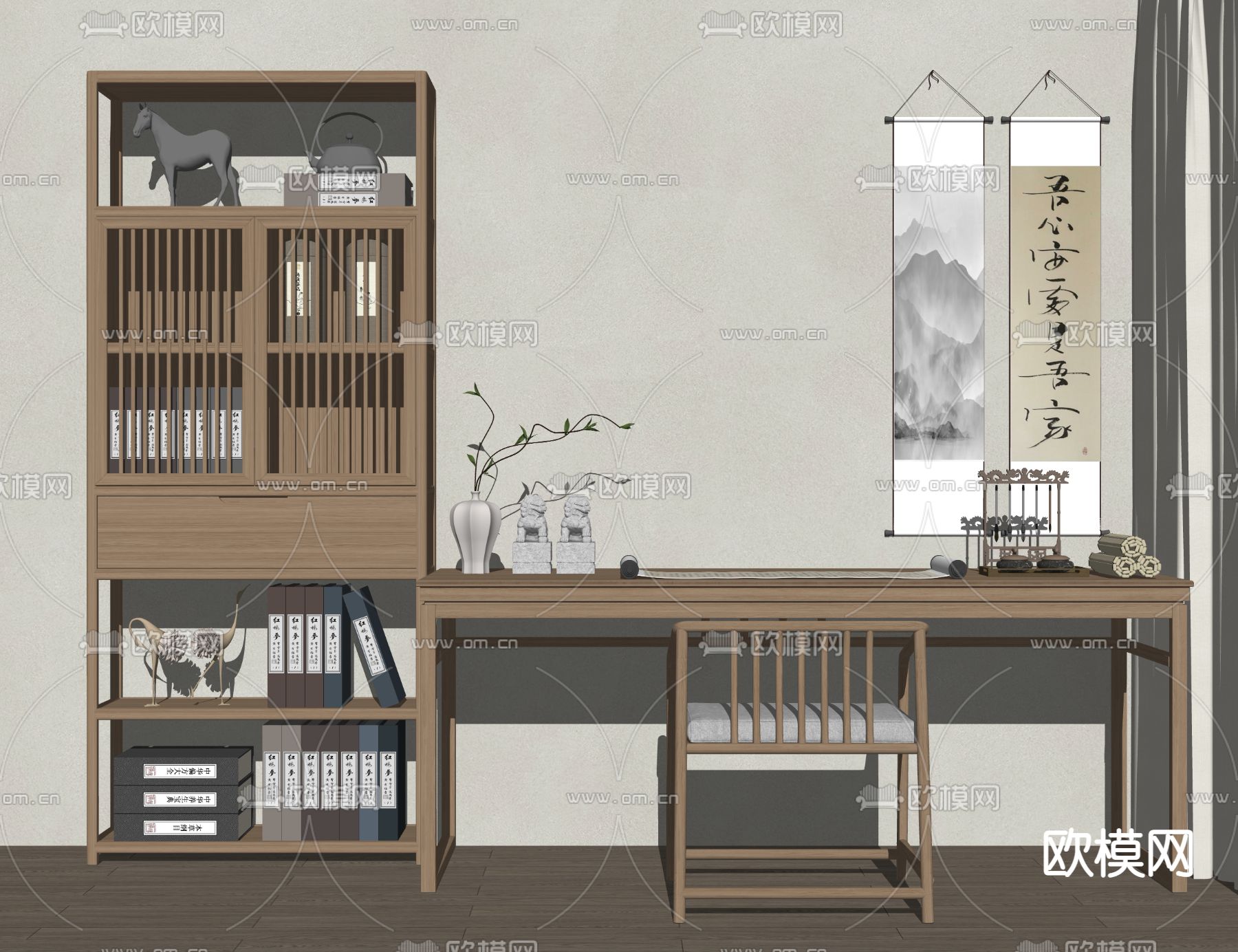 新中式书桌椅 书架su模型下载（渲染图2）