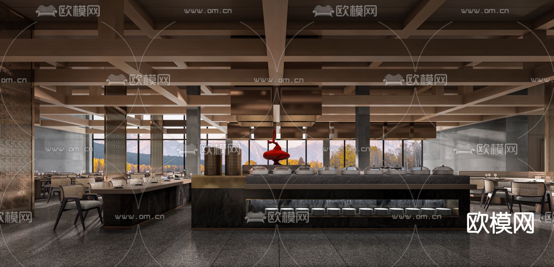 现代酒店自助餐厅3d模型下载（渲染图1）