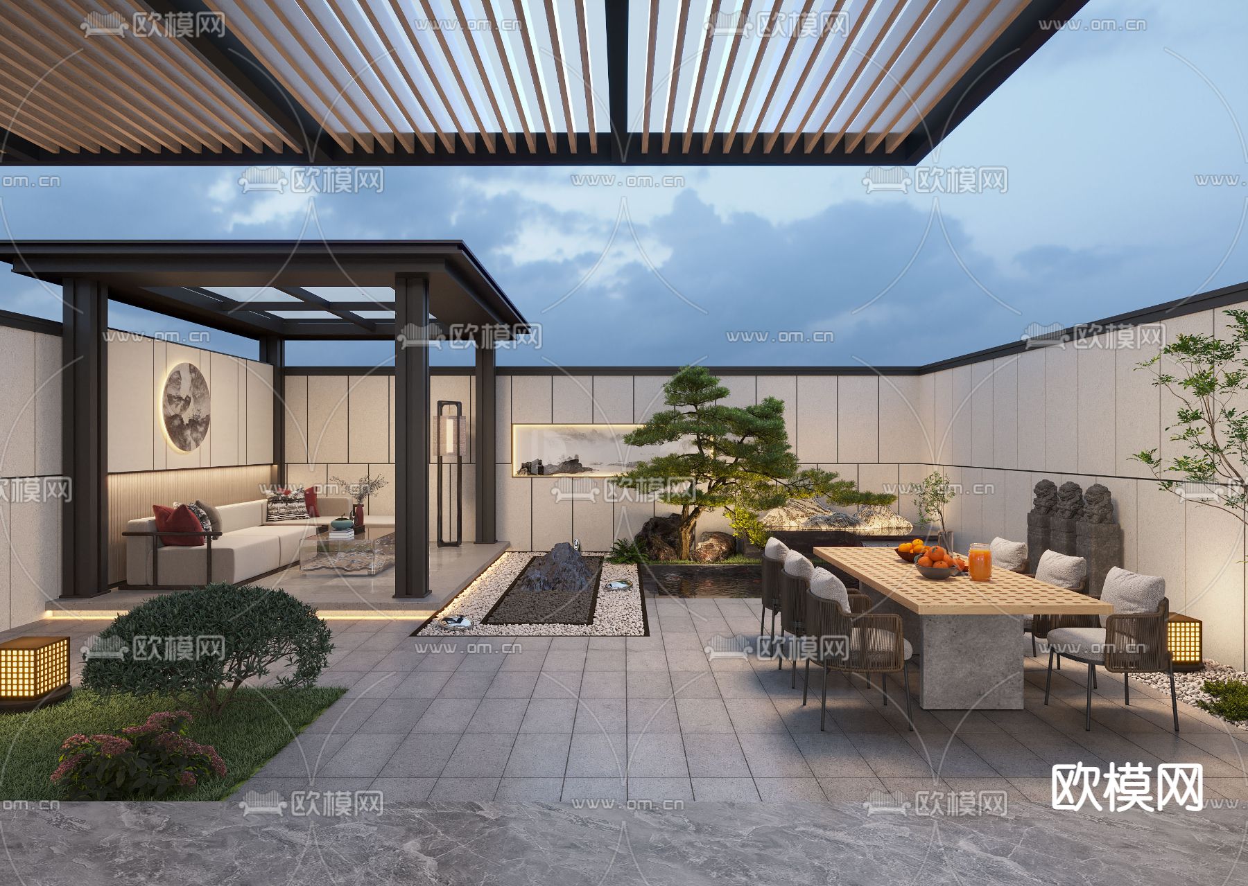 新中式花园 庭院3d模型下载（渲染图1）