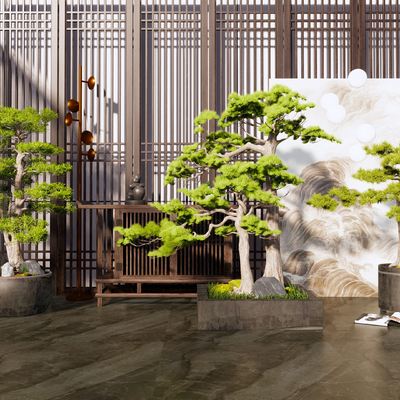 新中式松树盆栽 盆景su模型