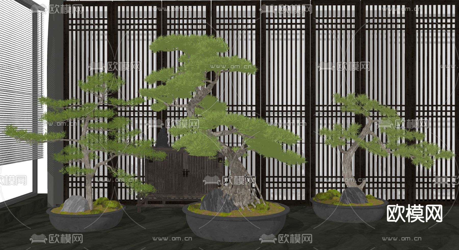 新中式松树盆栽 盆景su模型