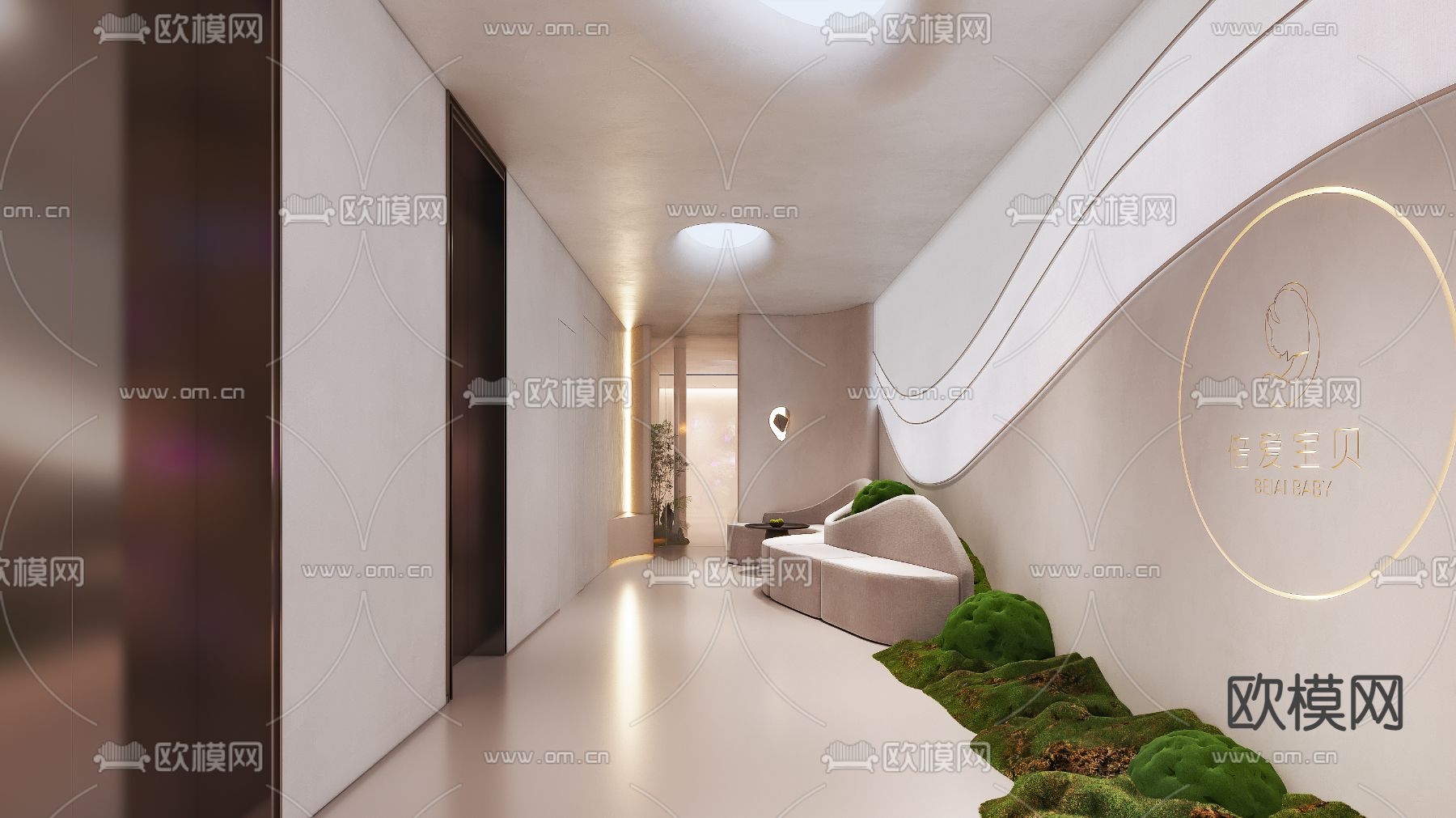 奶油风电梯厅 电梯间3d模型下载（渲染图1）