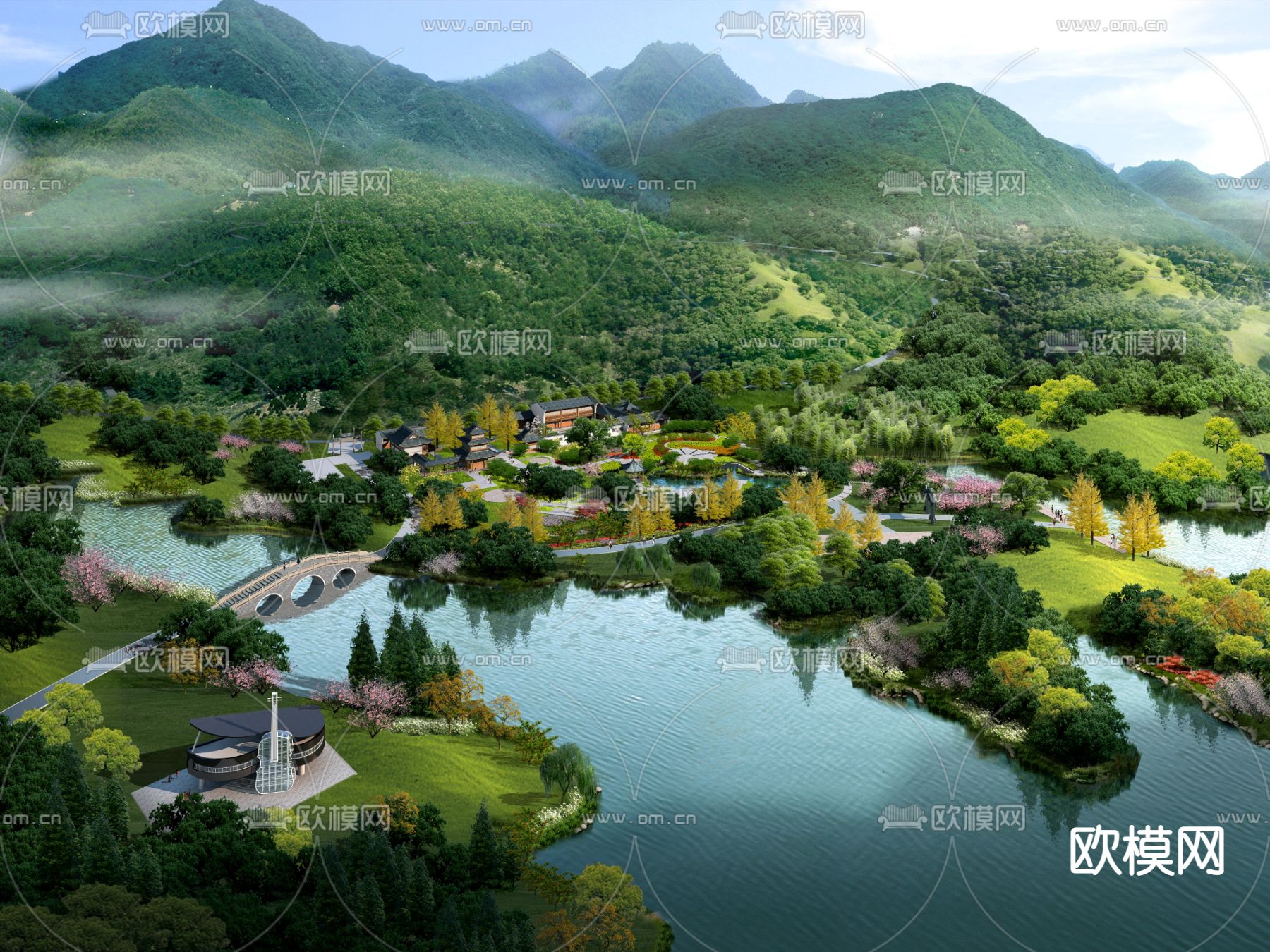 湖边园林鸟瞰psd下载