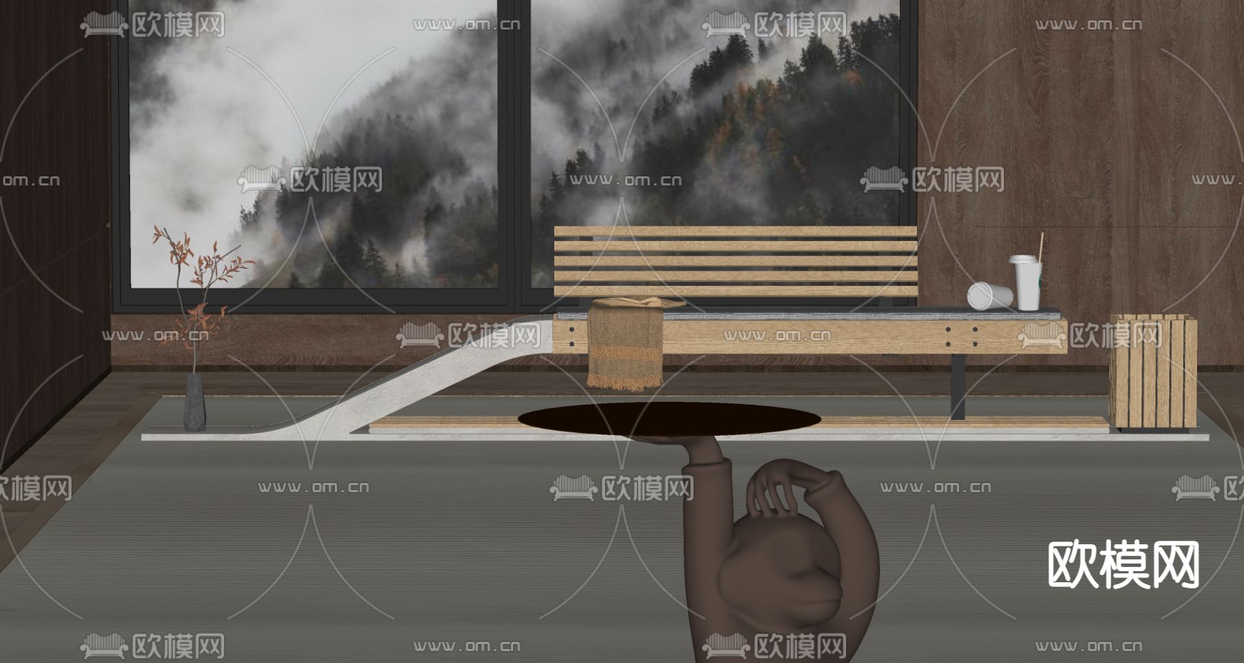 现代户外公用椅su模型下载（渲染图3）