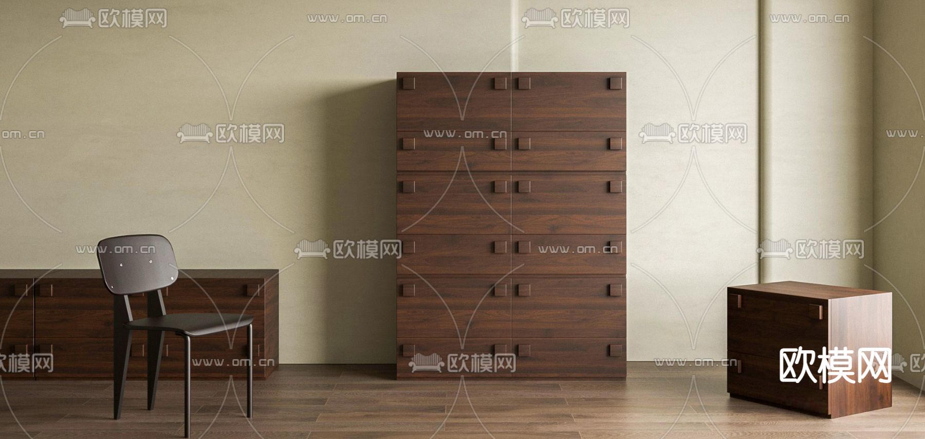 中古风实木储物柜su模型下载（渲染图1）