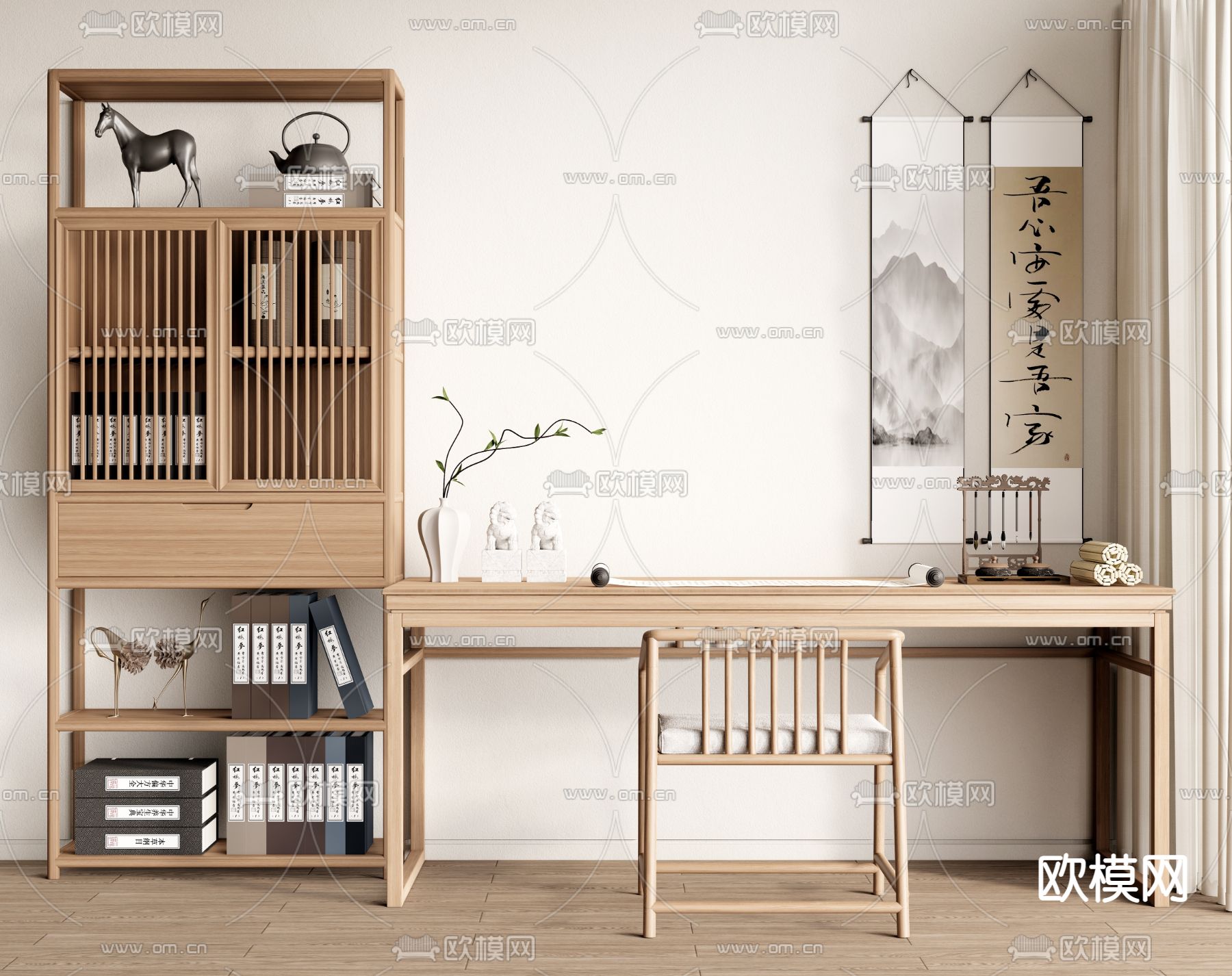 新中式书桌椅 书架su模型下载（渲染图1）