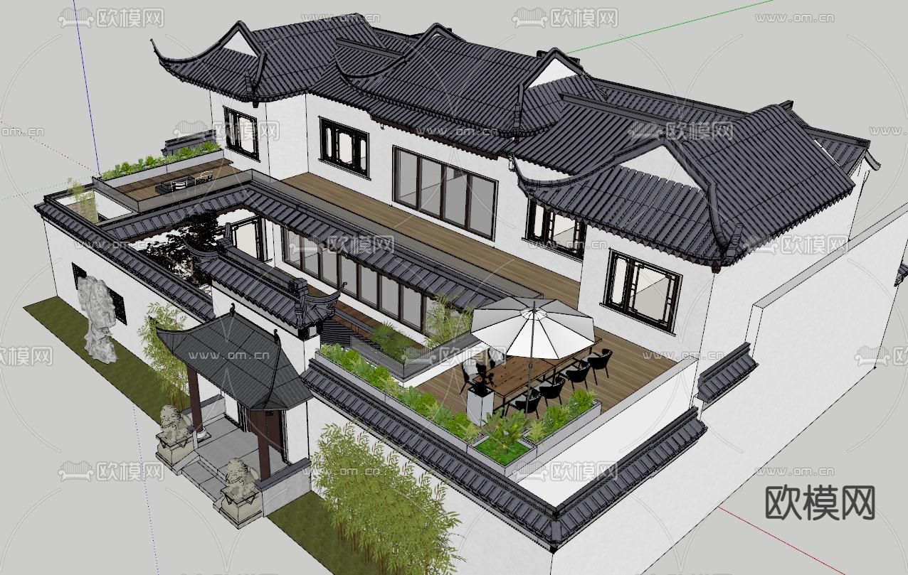 新中式别墅外观su模型下载_ID12222427_sketchup模型下载-欧模网
