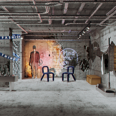  工业风服装店直播间su模型 